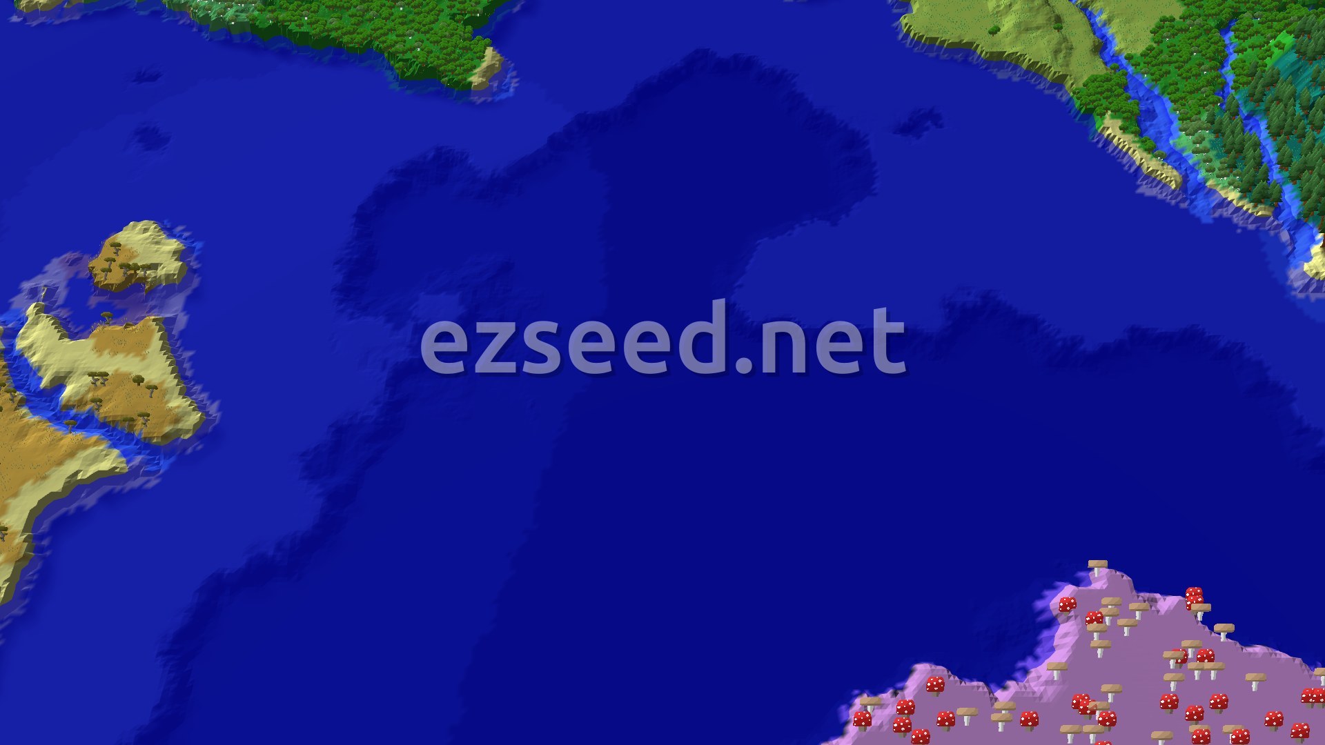 An overhead 3D view shows a vast blue ocean, with landmasses on the left and top right. On the bottom right, a distinctive purple-and-red Mushroom Fields biome is visible, dotted with giant mushrooms. The land on the top right is a lush green forest with a river.