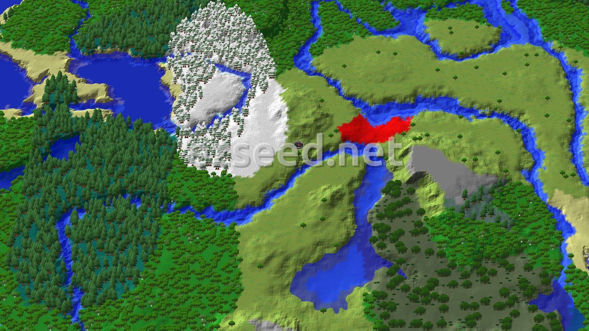 A 3D fly-over of a grassy plains spawn cut by winding rivers, with a snow-covered spruce patch to the west and dense forest and lakes beyond.