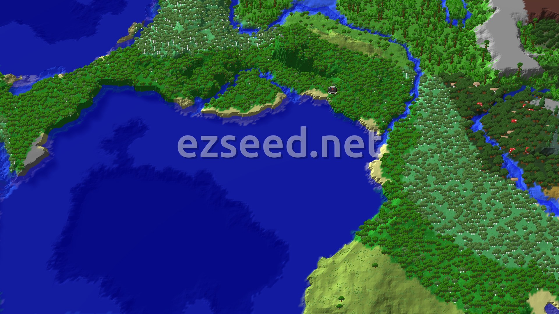 A 3D fly-over of a dense forest coastline wrapping a wide blue bay, with sandy beaches, a river on the right and birch woods inland.