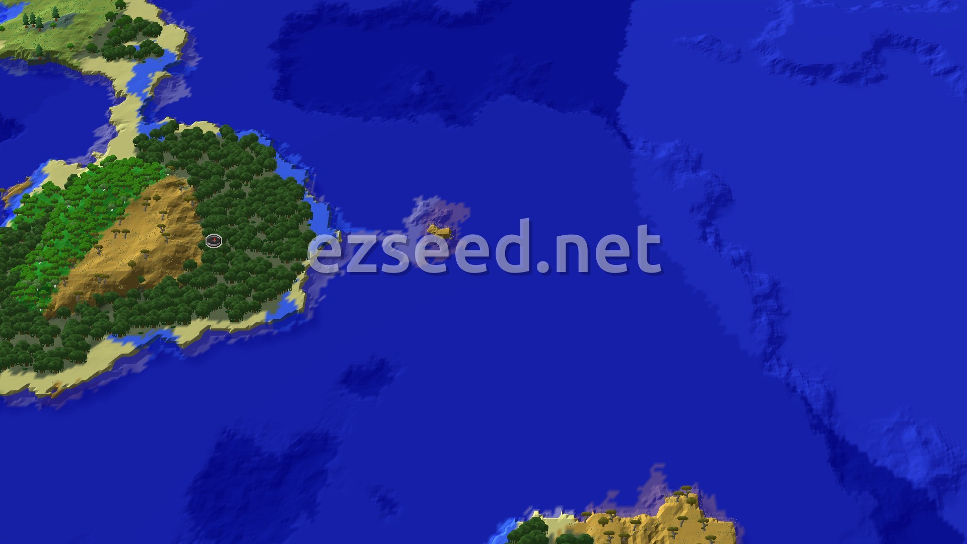 An aerial view of a large, verdant island featuring dense forests and a section of savanna, surrounded by blue ocean. A small spawn marker is visible near the center of the island.