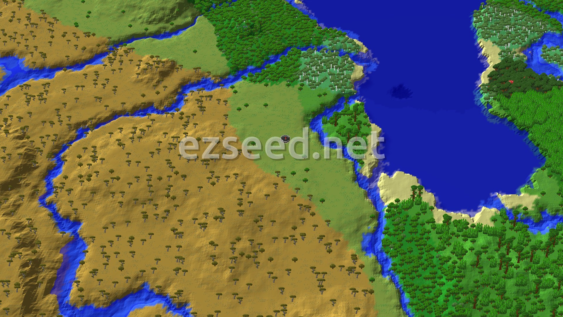 Aerial Minecraft seed map — Jungle Temple with a Village