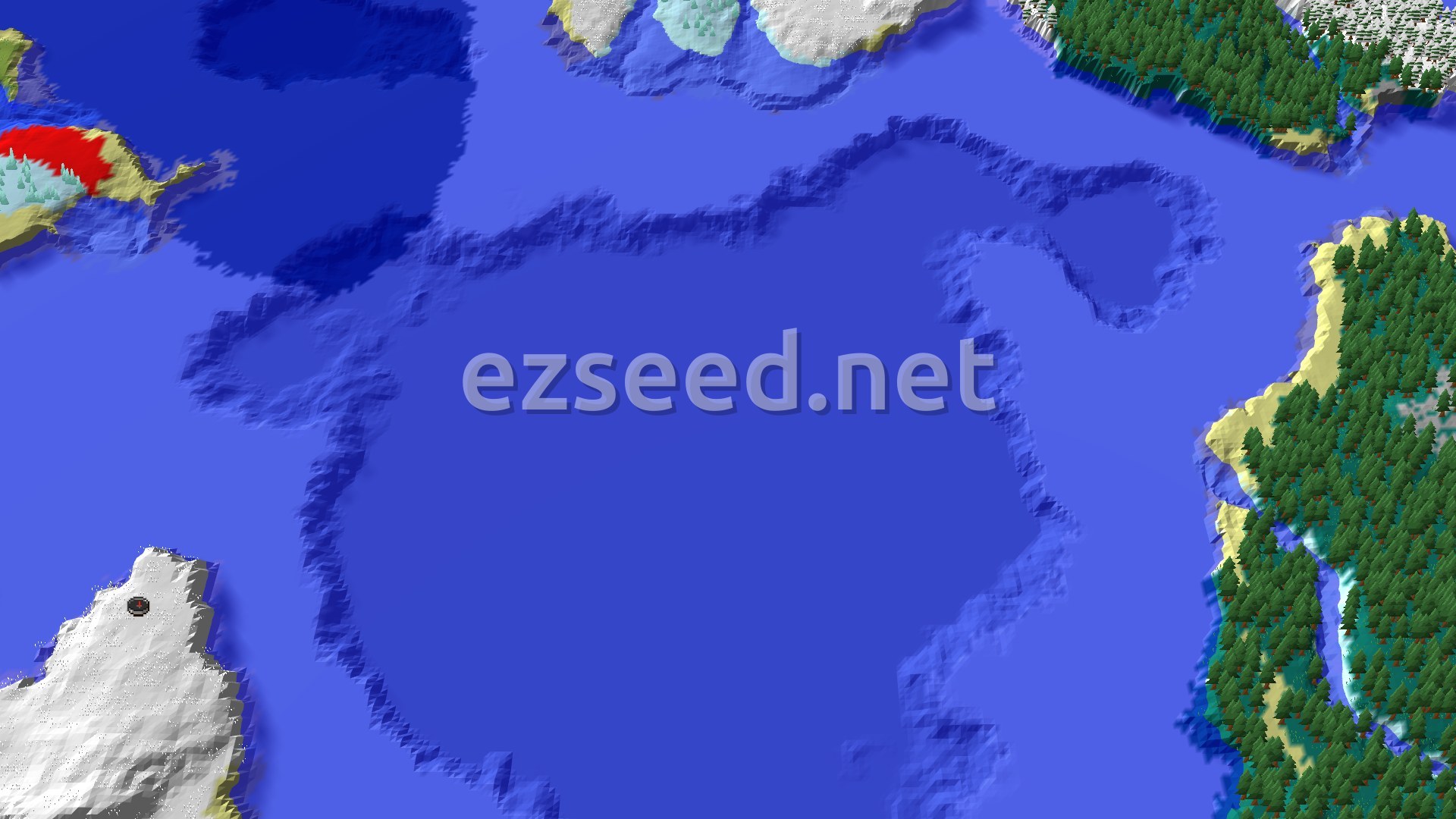 A snowy white headland in the lower left sits beside a wide expanse of ocean, with spruce-covered shores and snowy hills along the other edges.