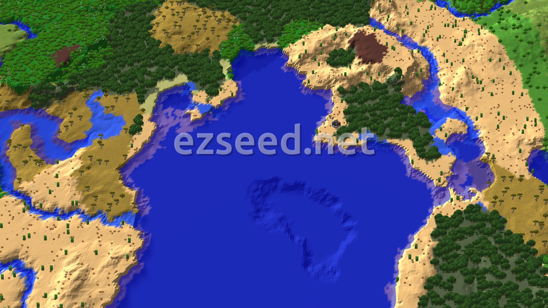 Aerial Minecraft seed map — Mangrove Swamp Beside a Warm Ocean Bay on a Desert Shore