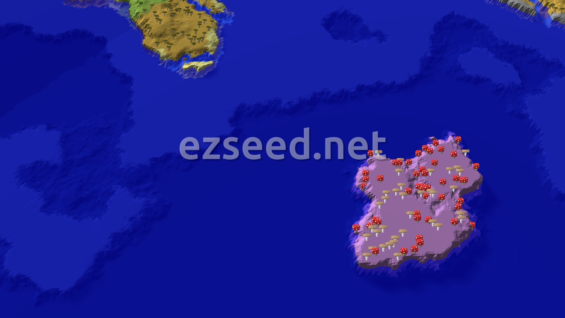 An isometric view of a large, purple mushroom island with red and brown mushrooms covering it, surrounded by deep blue ocean. A small marker indicates the spawn point on the island's edge.