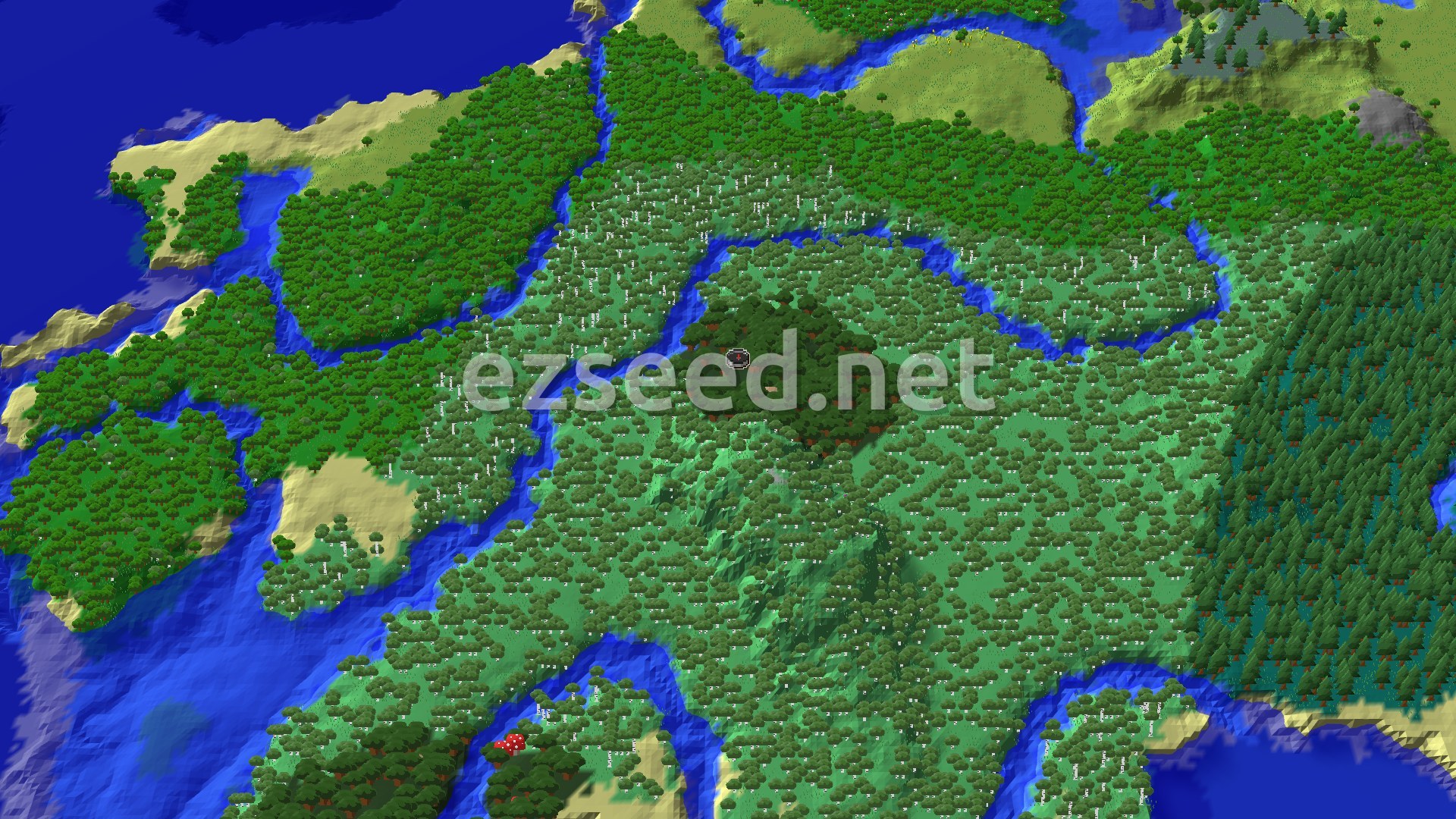 A fly-over of a dense forest, with a dark canopy patch at the spawn marker, birch woods around it, rivers winding through and ocean beyond the coast.