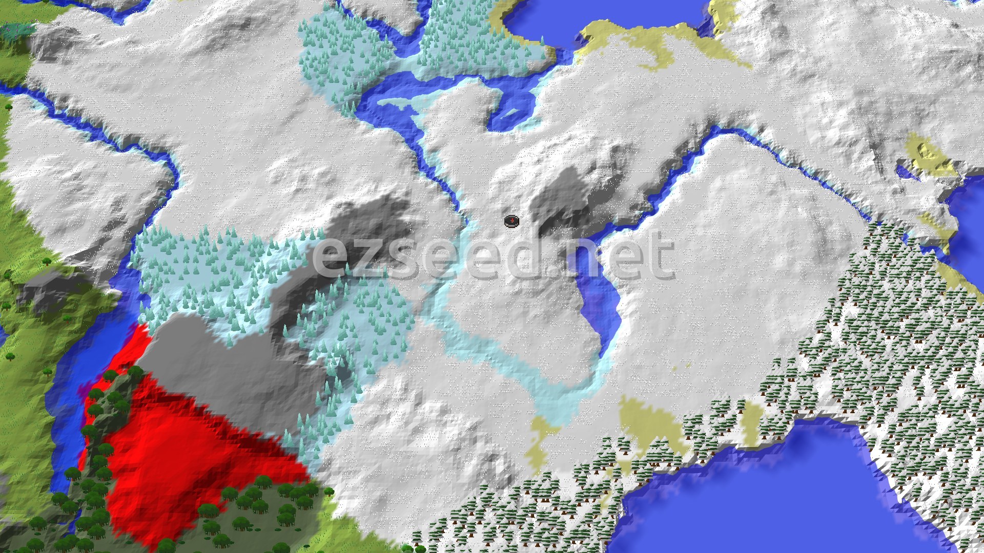A vast snowy landscape with rolling hills, a frozen river, and patches of green forest, with a small black spawn marker at the center.