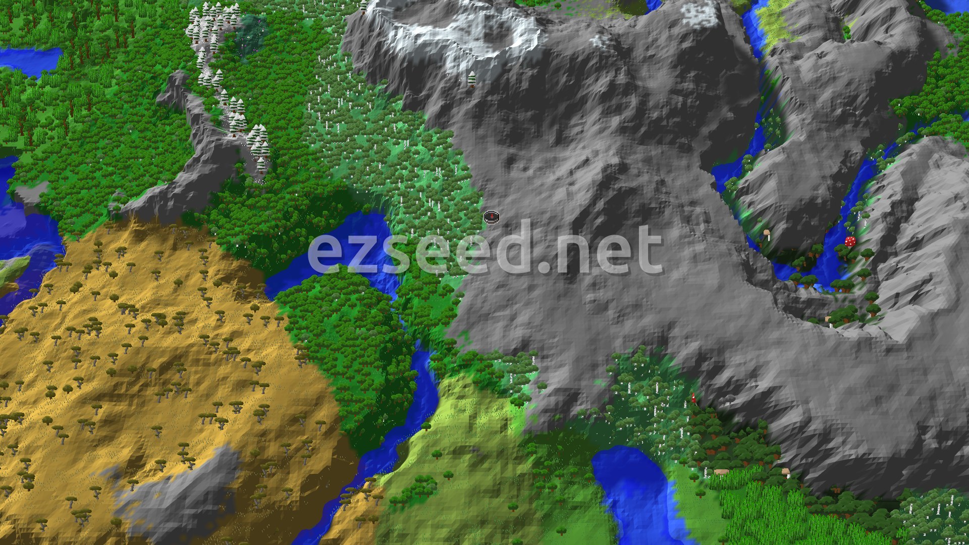 A birch forest on a hillside beside bare grey mountain slopes, with dense green woodland and a river to the west, savanna to the south-west and snow-dusted trees on a ridge to the north.