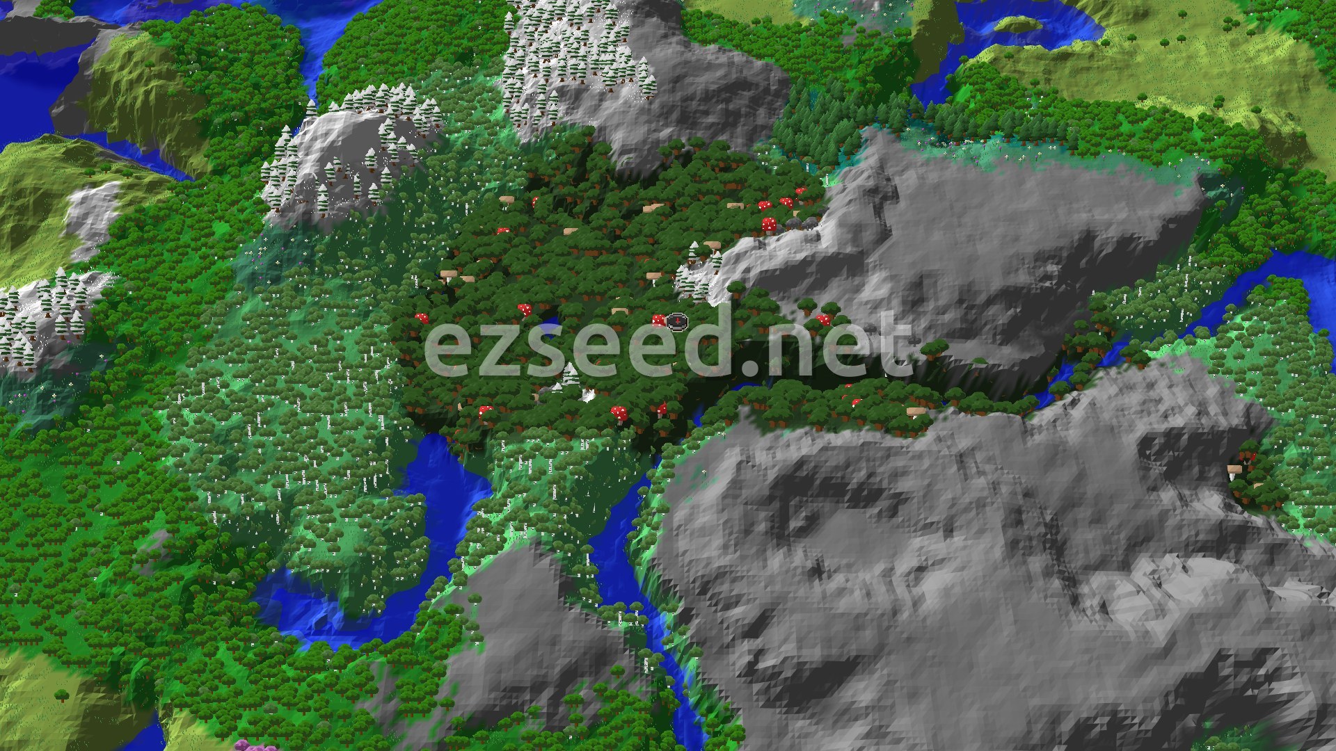 An aerial view shows a dark forest at the center, flanked by a river and grey mountains, with patches of snowy trees.