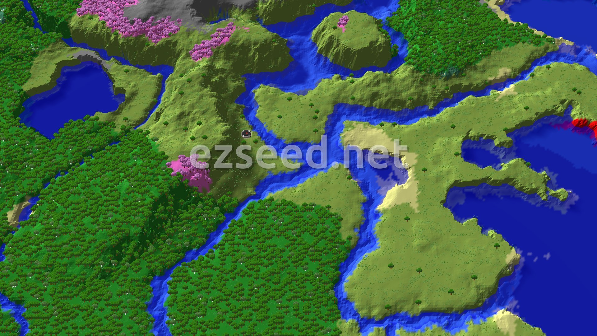 A 3D render of a Minecraft world showing a spawn marker in a grassy plains area, surrounded by winding rivers, dense forests, and patches of pink-leafed cherry groves, with a darker mountainous region in the distance.
