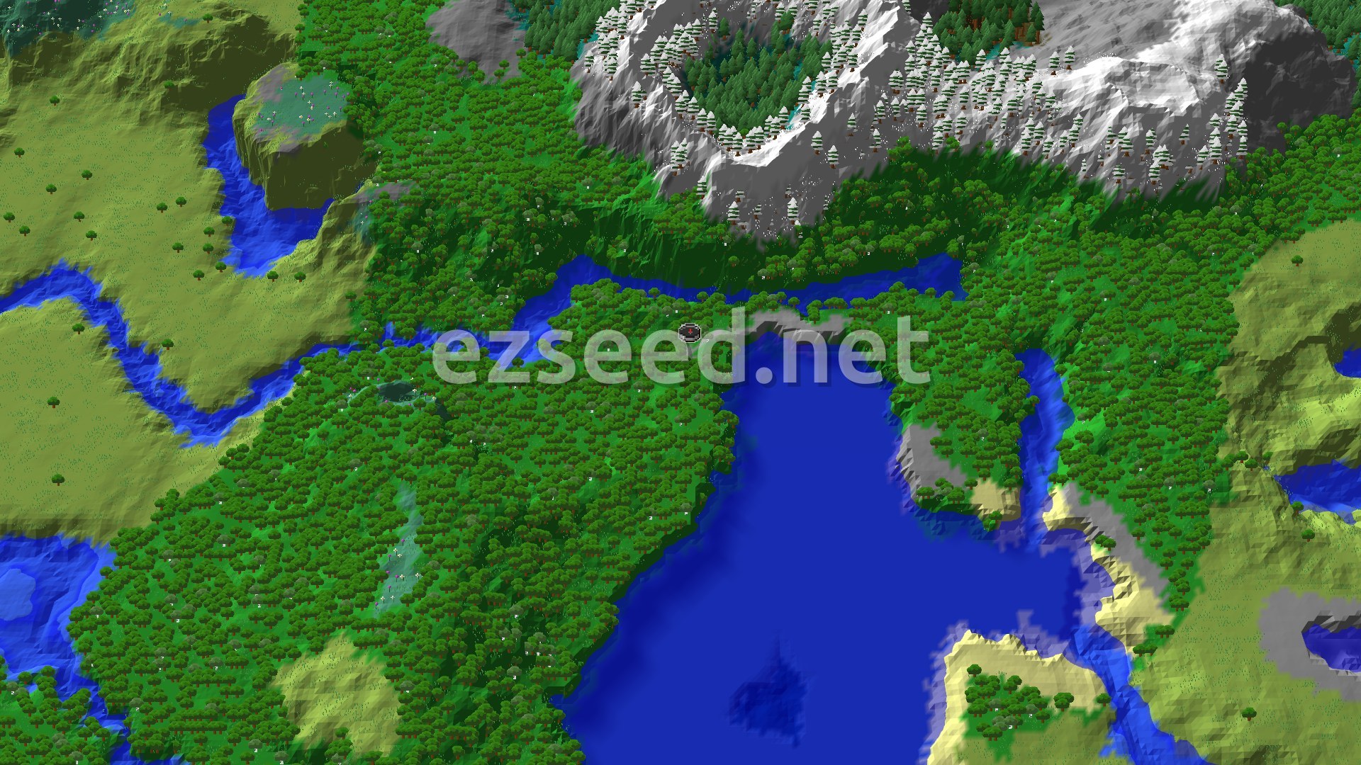 A dense forest at the edge of a deep blue bay, with a river winding in from the west and a snow-capped, pine-covered ridge rising to the north.