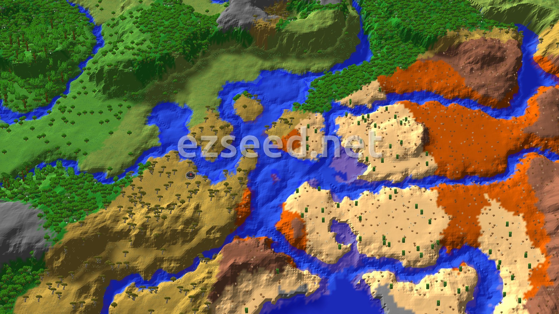 Acacia-dotted savanna on the left bank of a wide river, with forest to the north and orange badlands and pale desert across the water.