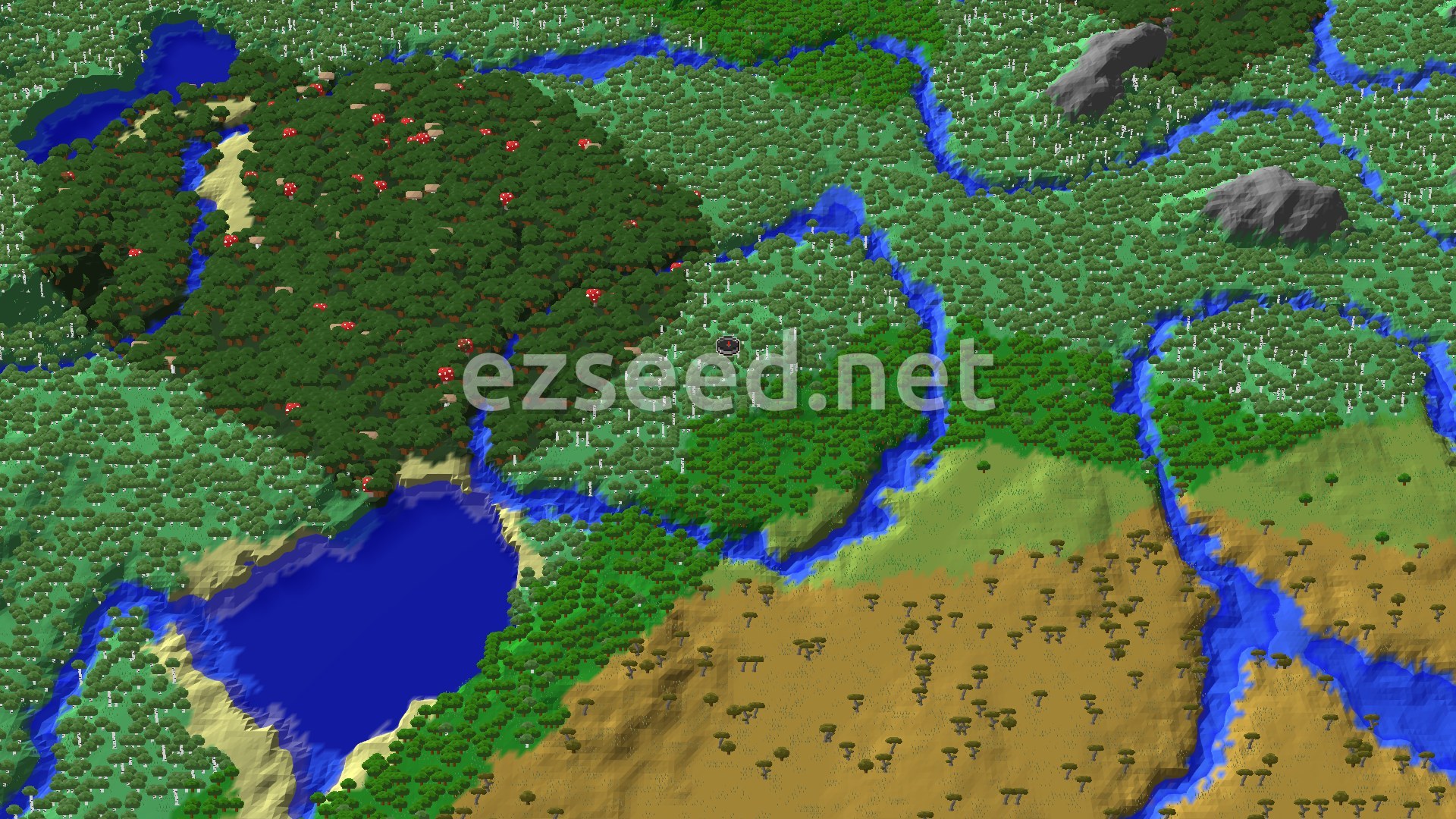 An aerial view shows a dense dark forest and a lighter green savanna meeting, with winding rivers and a large lake. A small spawn marker is visible near the center.