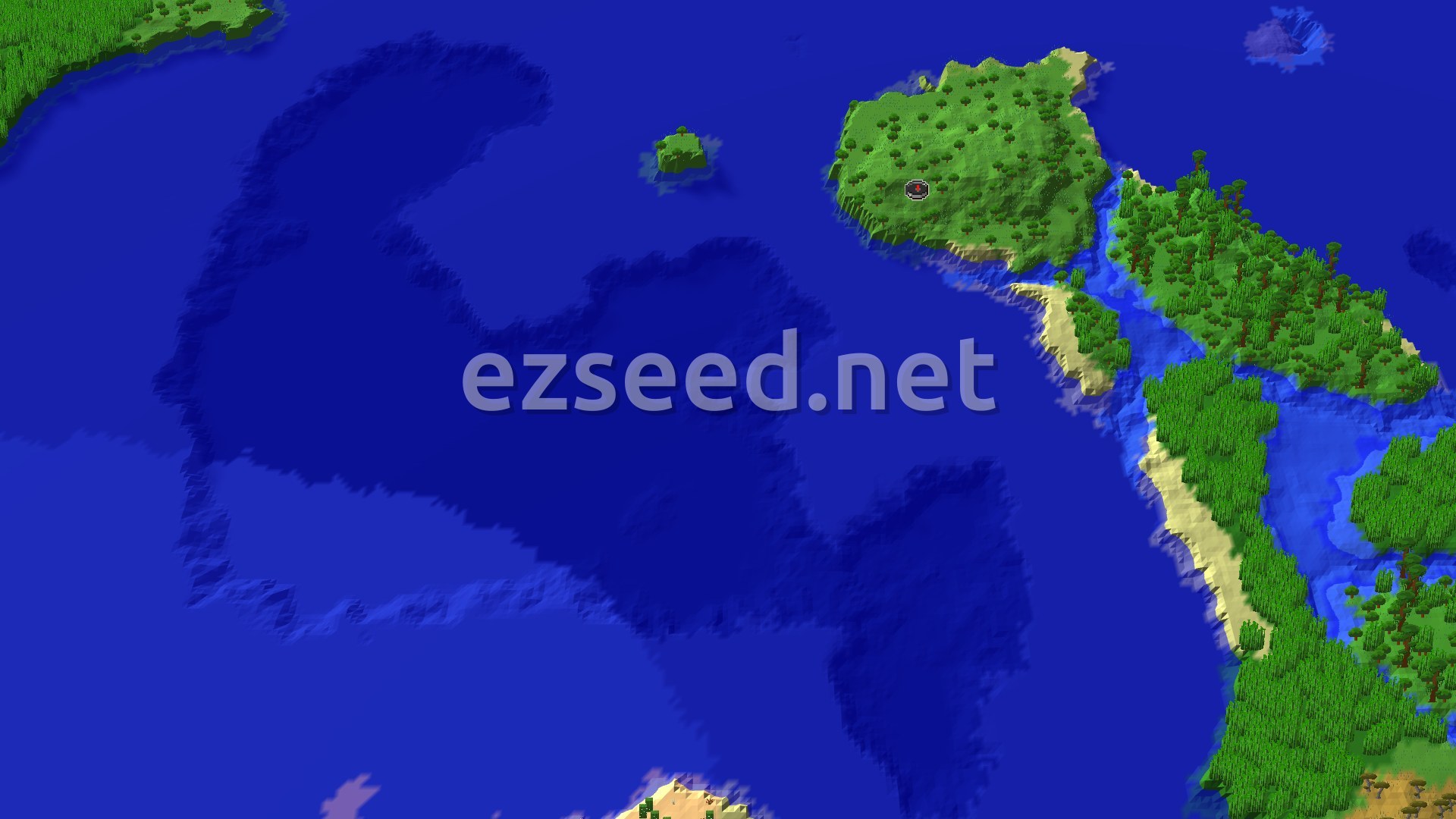 A tree-covered island with a spawn marker, sandy beaches on its southern edge, deep blue ocean to the west and a larger jungle coast across a narrow channel to the east.