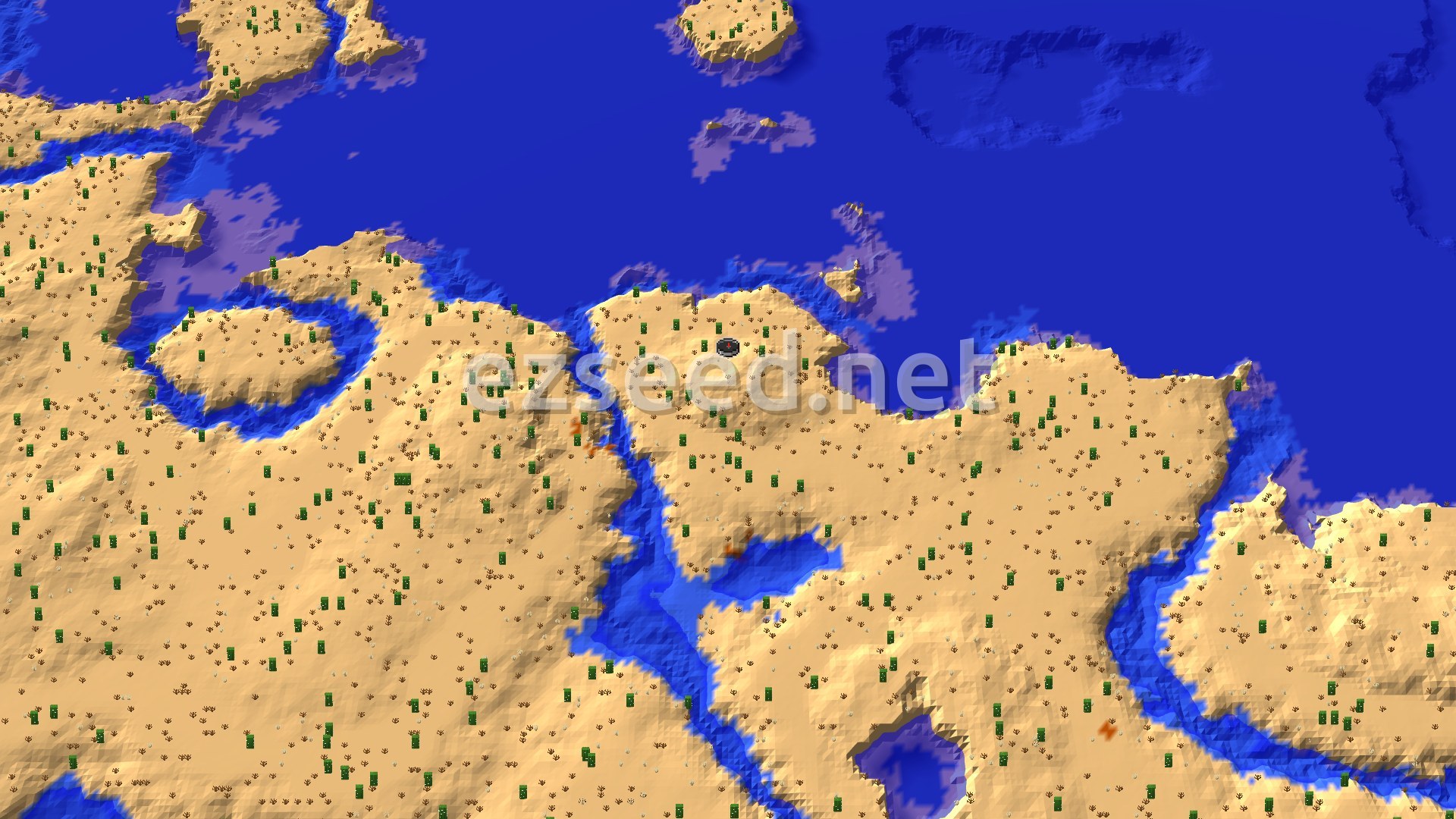 Aerial Minecraft seed map — Desert Pyramid and Ruined Portal Coast Start