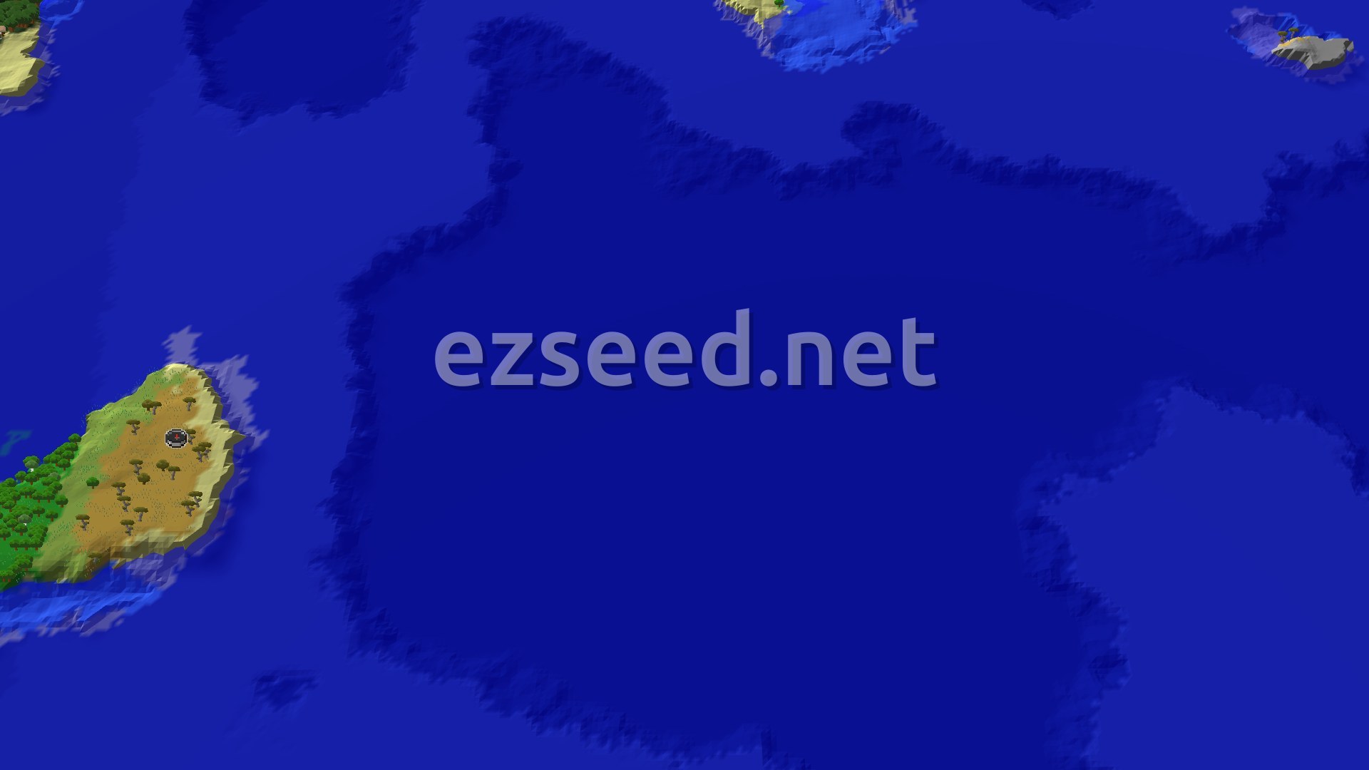 A 3D fly-over shows a long, narrow savanna island with scattered acacia trees, surrounded by blue ocean. A small forest is visible at one end.
