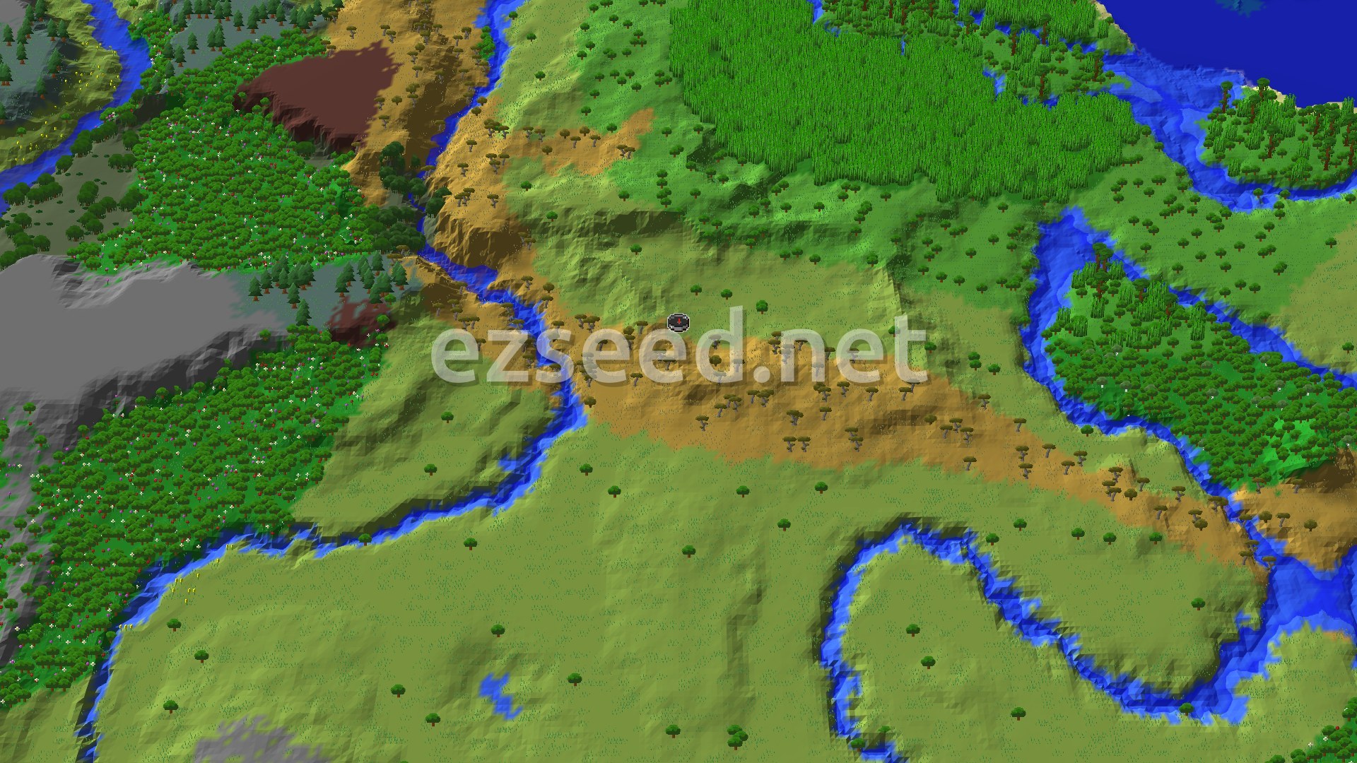 A 3D fly-over of a flat savanna with scattered acacias and tan ridges, winding rivers, a dense jungle patch to the north and flowering forest to the west.