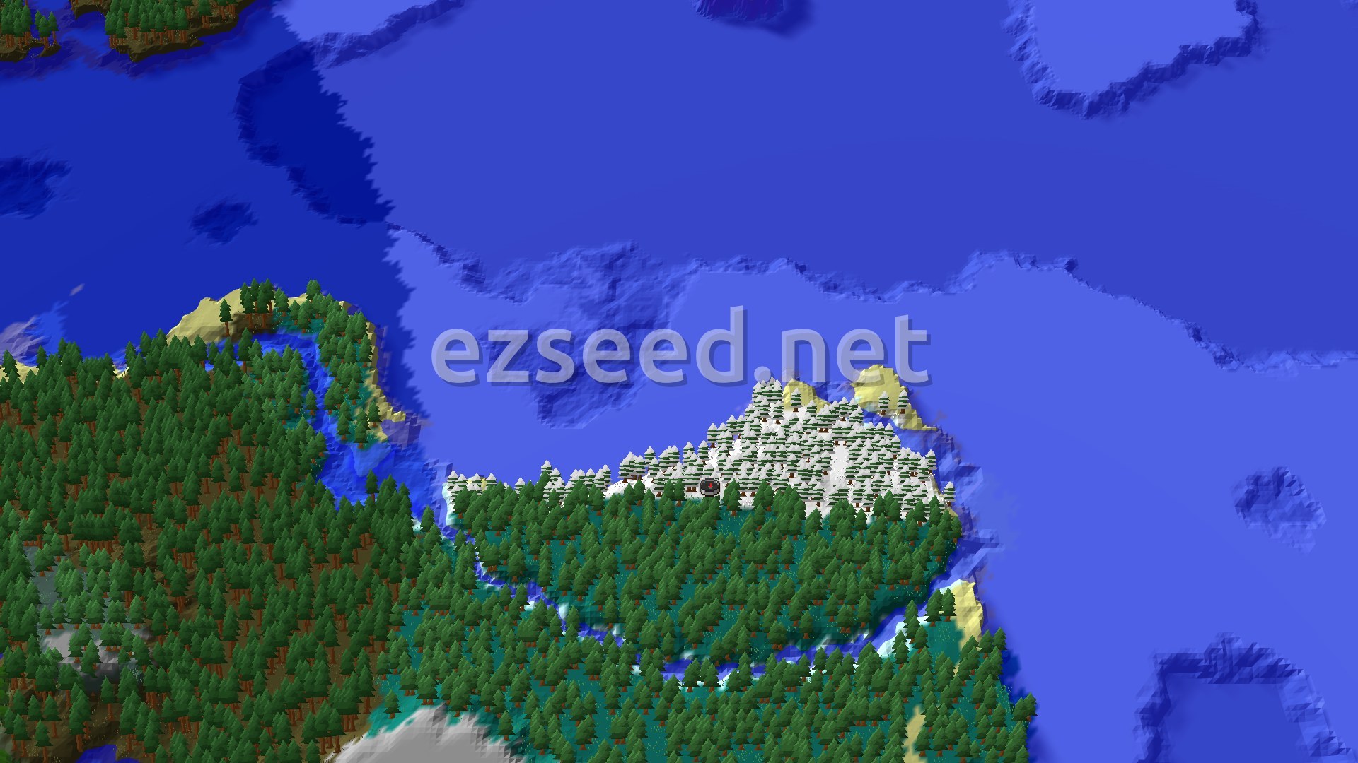 A bird's-eye view of a snowy taiga forest with a distinct snowy mountain range to the right, surrounded by vast blue oceans.