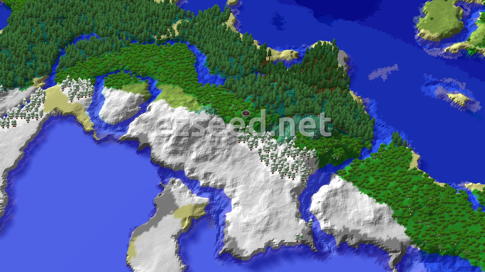 A 3D fly-over of a green forest and taiga band meeting white snowy plains, with deep blue ocean, inlets and small islands on every side.