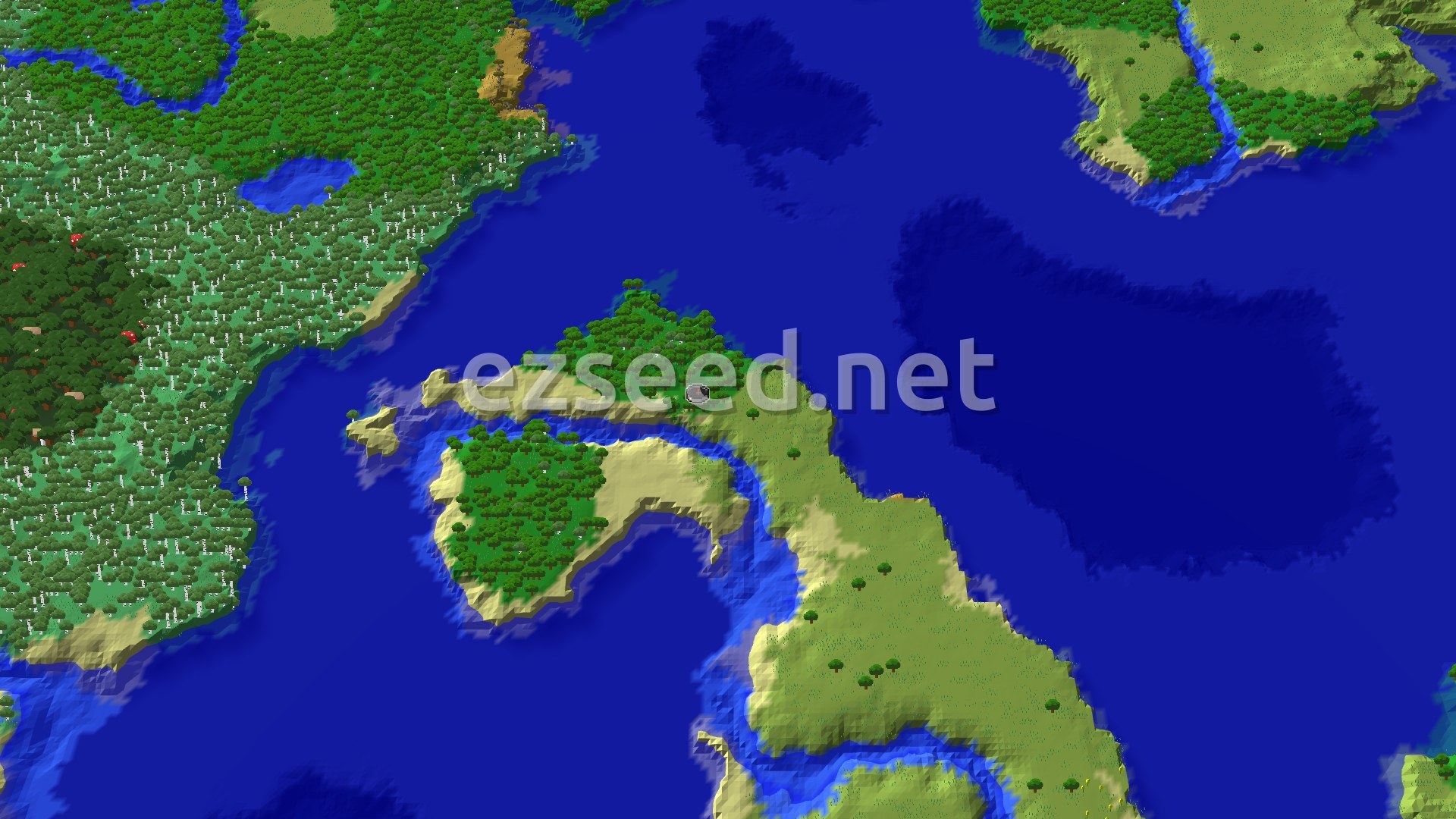 A narrow forested peninsula with sandy beaches curls into deep blue water, with a thick birch and oak forest on the far shore.
