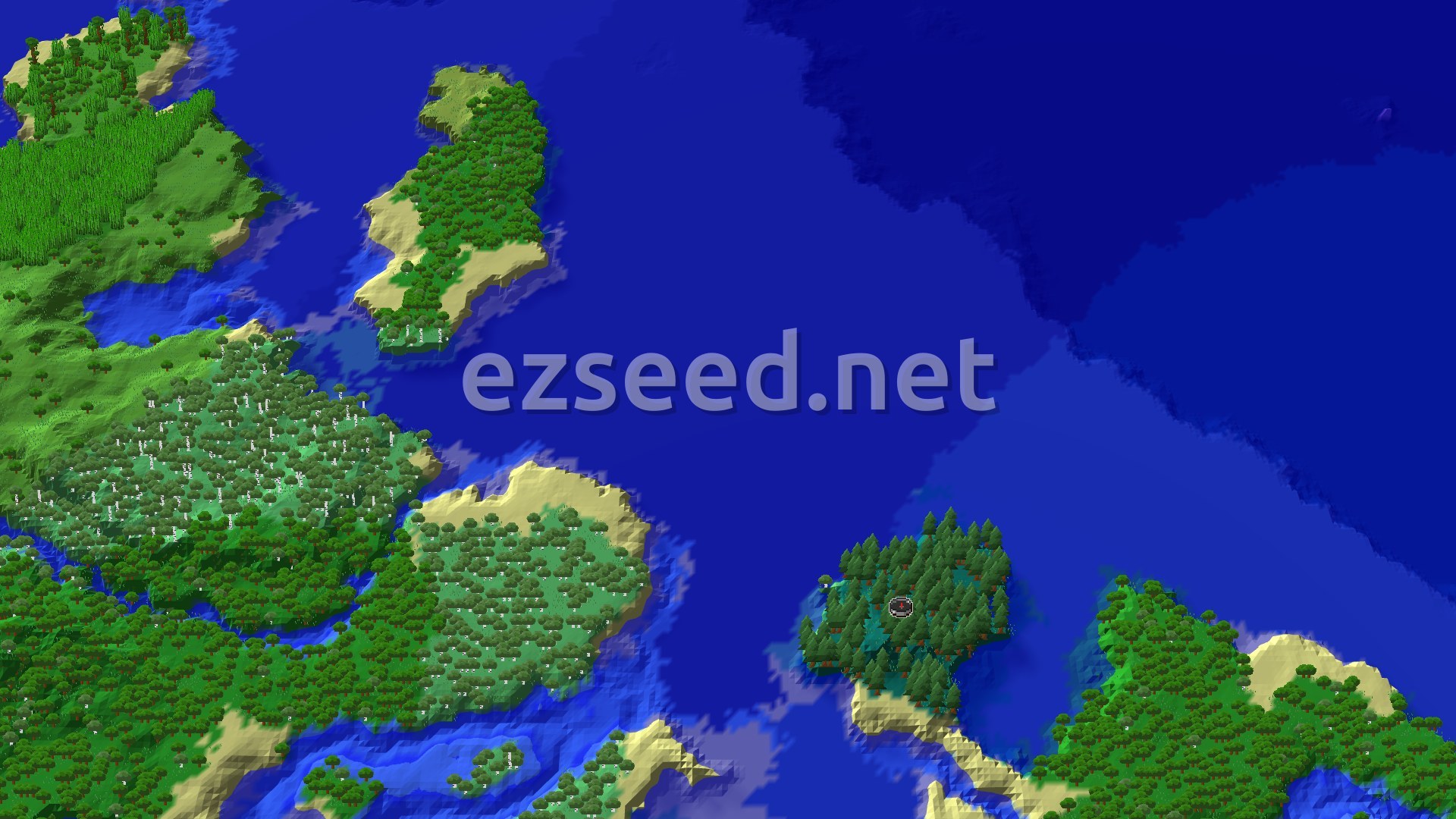 An aerial view shows a small, tree-covered Taiga island at the center of a blue ocean, with other larger landmasses in the distance.