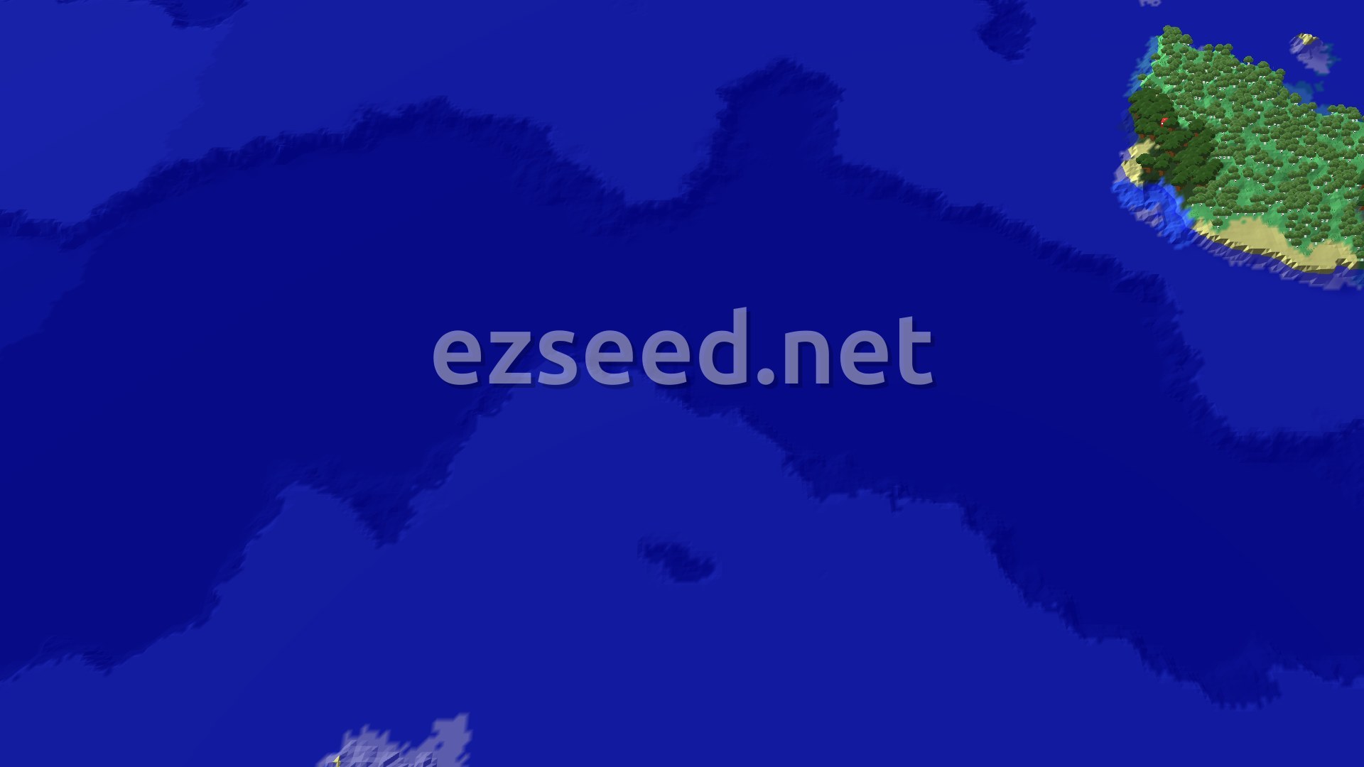 An overhead view of a small, green island covered in trees, surrounded by deep blue ocean, with a tiny spawn marker in the center.