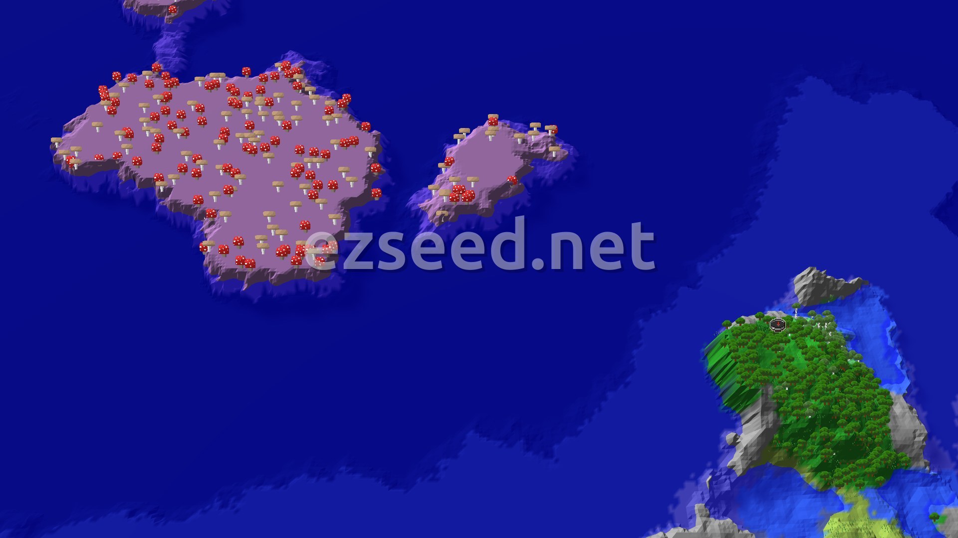 A 3D overhead view shows a green, tree-covered peninsula with grey stony shores, surrounded by deep blue ocean. Two large purple islands covered in red and brown mushrooms are visible in the distance.