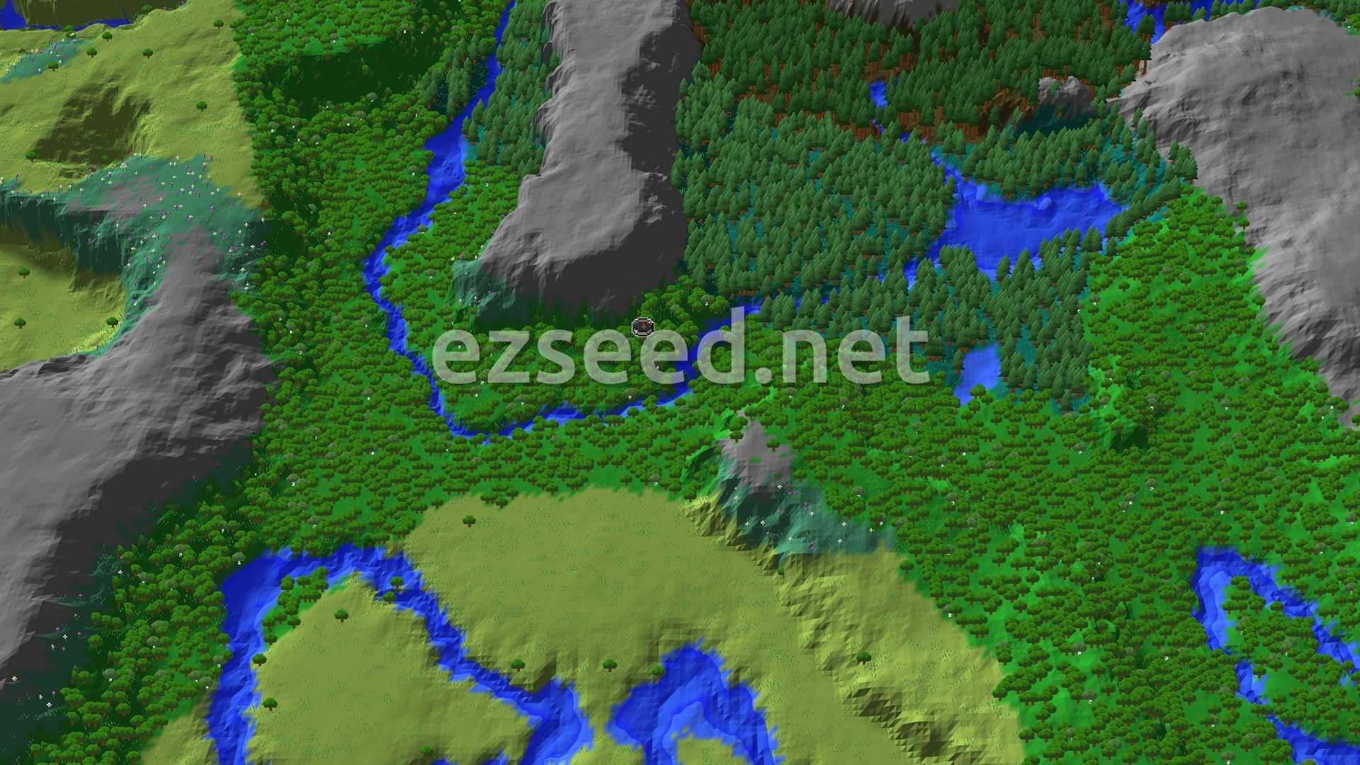 A 3D fly-over of a green forest basin with a winding blue river, dark pine stands to the north and grey rock ridges on both sides.