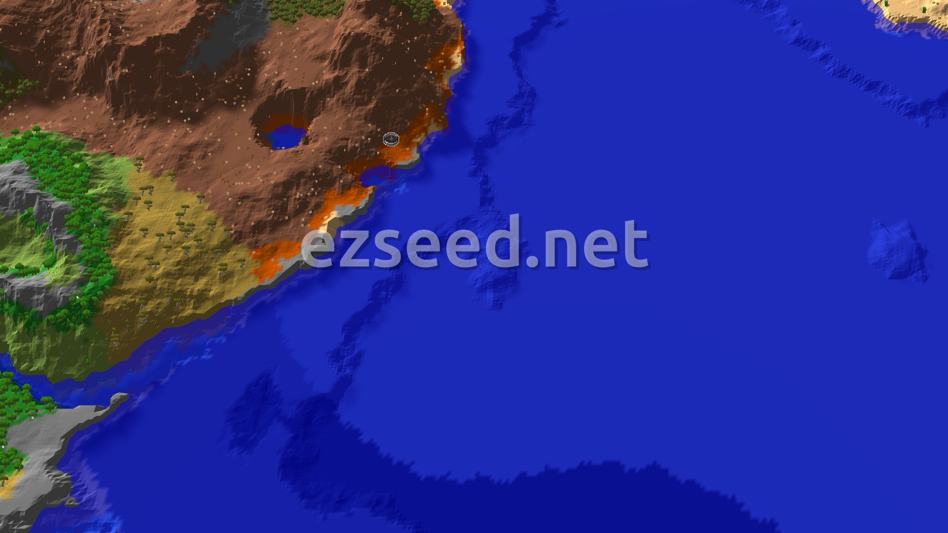 An aerial view of a varied landscape, showing a reddish-brown Badlands biome with some green trees, leading to a grey and green mountainous area on the left. A large expanse of deep blue ocean dominates the right side of the image, with white sandy shores where land meets water.