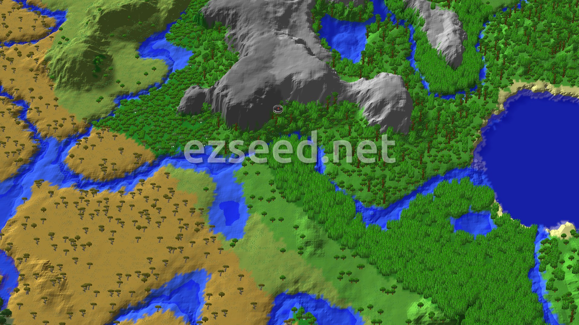 A 3D fly-over of dense jungle and bamboo below a grey rocky ridge, with rivers, a large lake and savanna plains on either side.