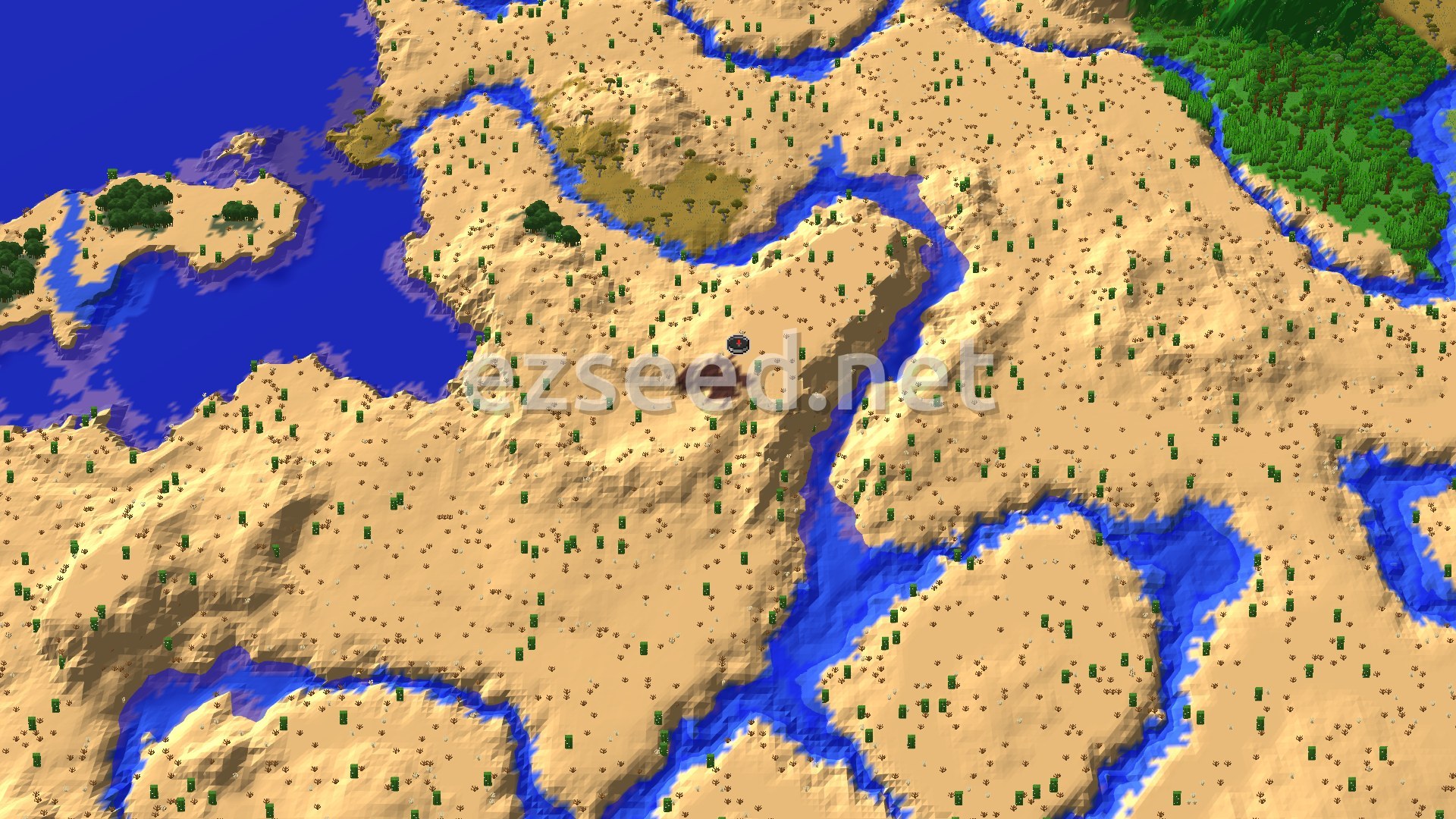 A sandy desert cut by blue rivers, with a warm ocean on the left, green jungle in the top right corner and cacti dotting the dunes.