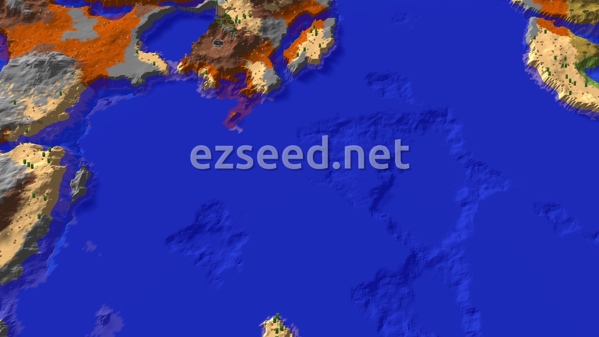 Aerial Minecraft seed map — Abandoned Camp in a Wooded Badlands Coastline