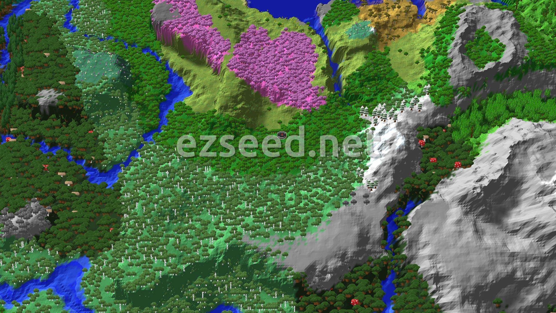 A forest canopy with a pink cherry grove on a grassy rise to the north, birch woods to the south, rivers to the west and bare grey peaks to the east.