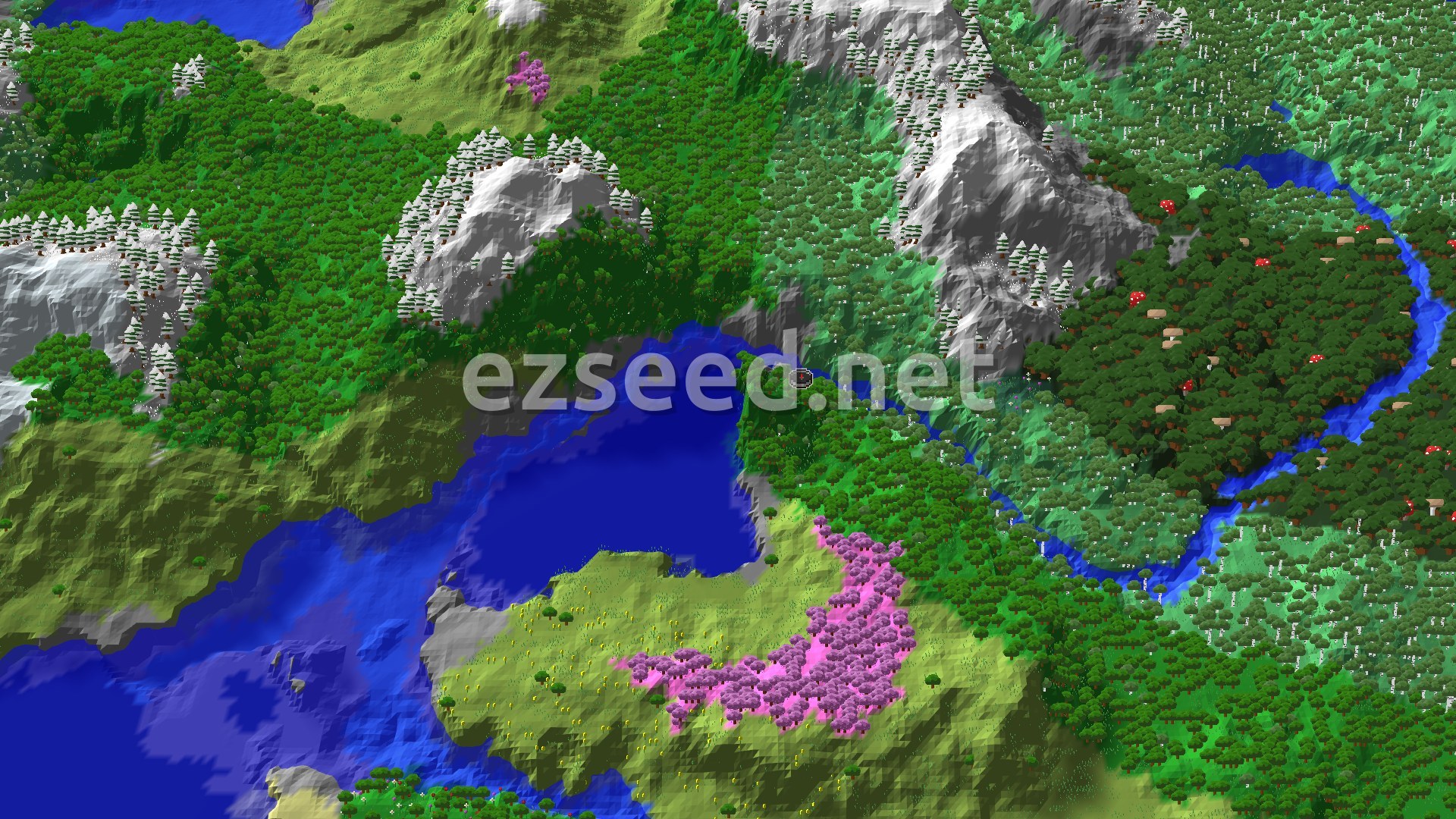 A bird's eye view of a varied landscape, featuring dense forests, a winding river, snowy mountains, and a distinct pink-leafed cherry grove.