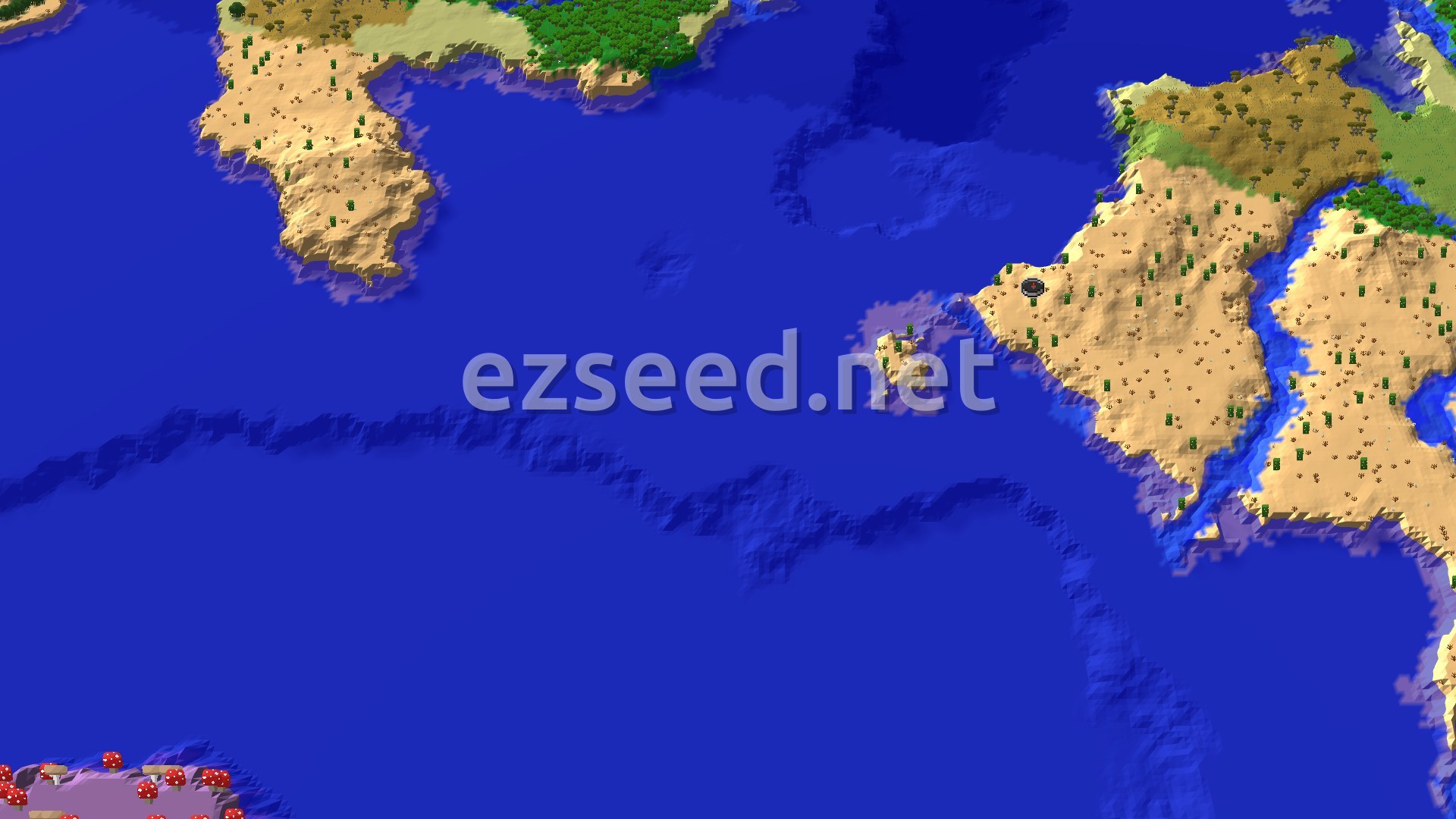 A 3D overhead view of a large desert peninsula with scattered green cacti and a few trees, surrounded by blue ocean. A small marker indicates the spawn point on the desert landmass. To the north, a greener biome with more trees is visible.