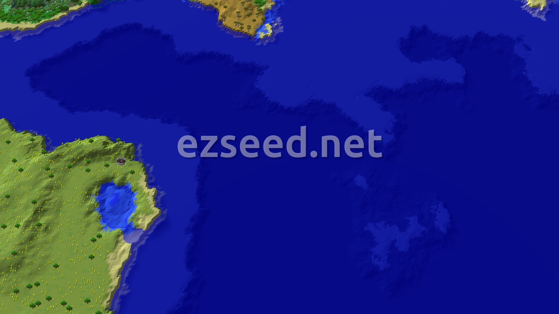 A 3D aerial view of a large, mostly flat island covered in green grass and scattered trees, with a small blue lake near the center and a spawn marker on its northern edge. The island is surrounded by deep blue ocean, with other distant landmasses visible.