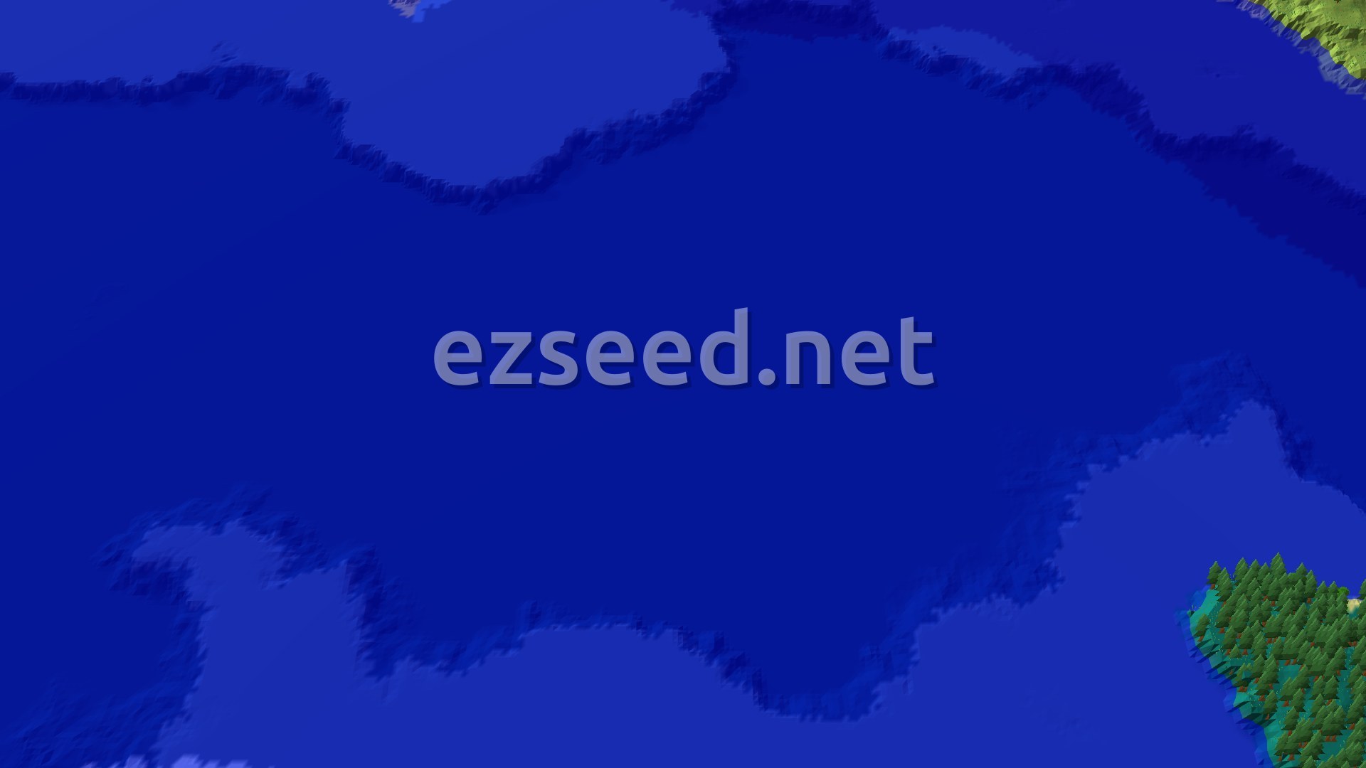 A 3D overhead view of a green, forested island surrounded by dark blue ocean, with a small spawn marker in the center.