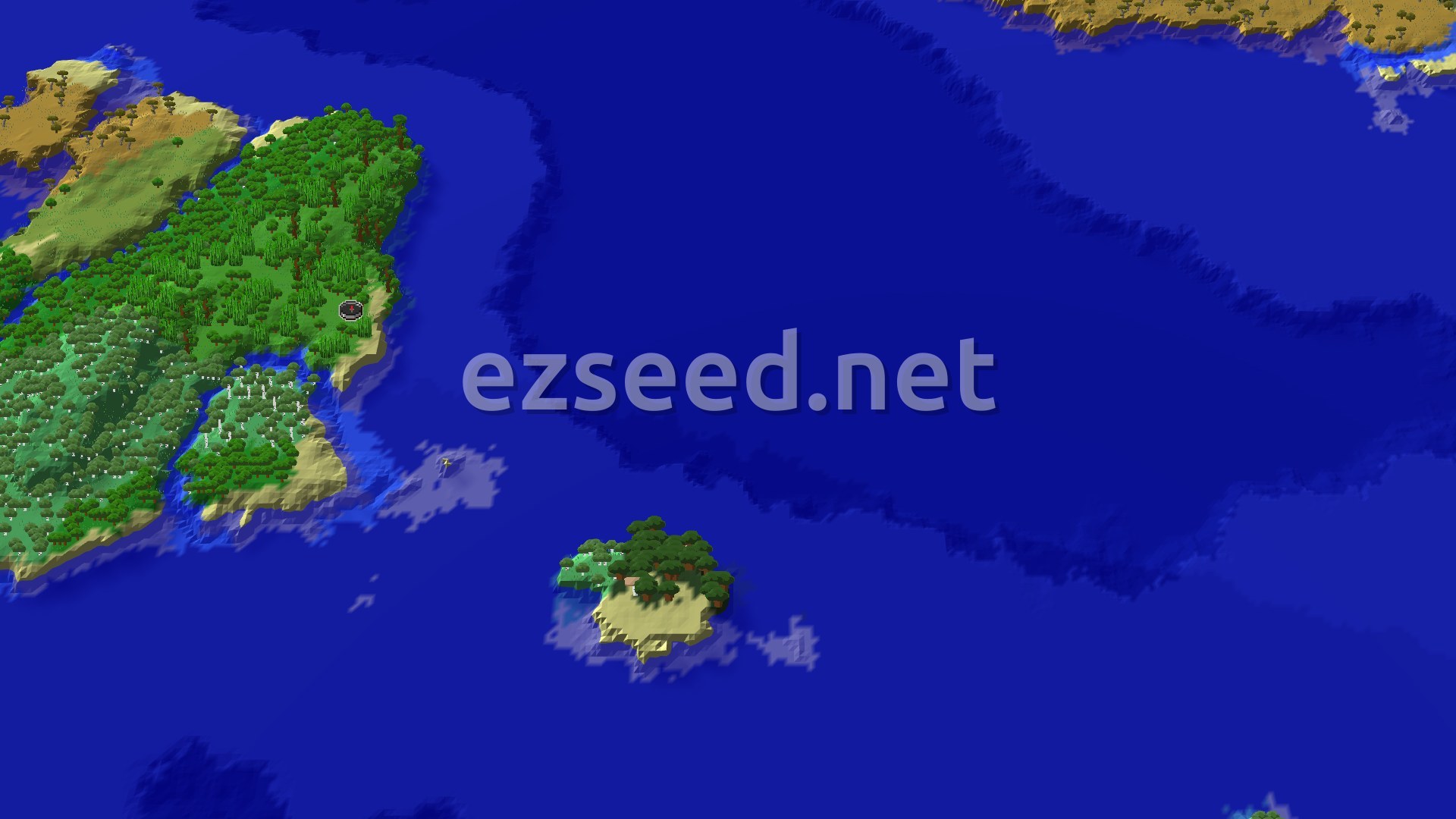 An aerial view of a large, green island covered mostly in jungle and forest, with a smaller, treed island nearby, all surrounded by deep blue ocean.