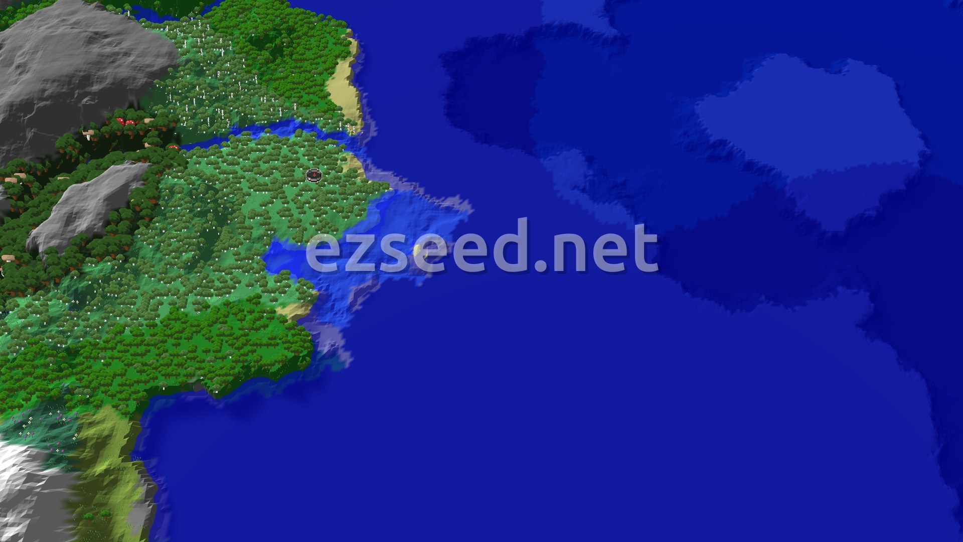 An aerial view of a green forested landmass with a sandy beach border, next to a large blue ocean. Gray mountains rise in the distance.
