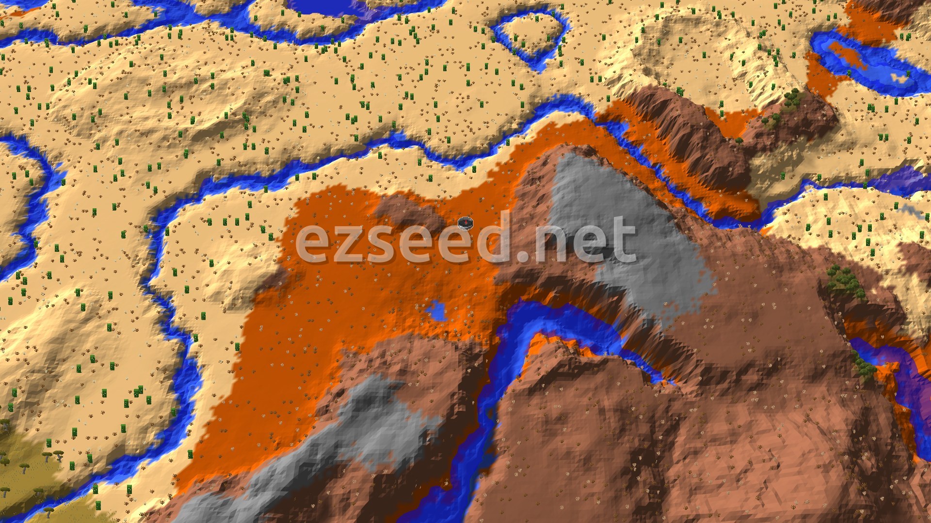 A fly-over of orange badlands terraces and grey rock beside pale desert dunes with cacti, cut through by winding blue rivers.