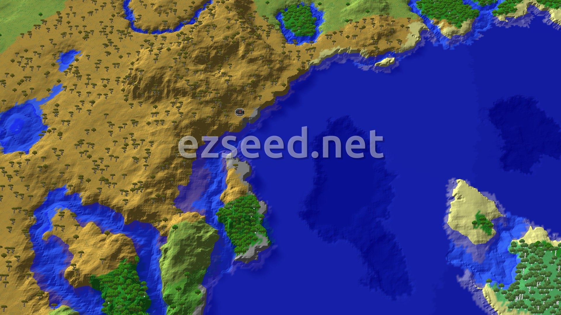 An overhead view of a savanna coastline with scattered trees, bordering a large blue ocean with several islands. A small marker indicates spawn near the coast.