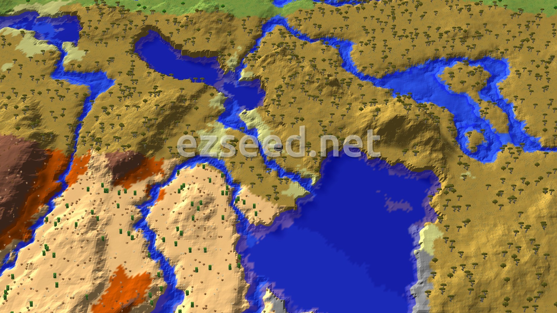 An aerial view shows a vast savanna dotted with acacia trees, bordering a wide blue ocean and a desert landscape with patches of badlands and a winding river.