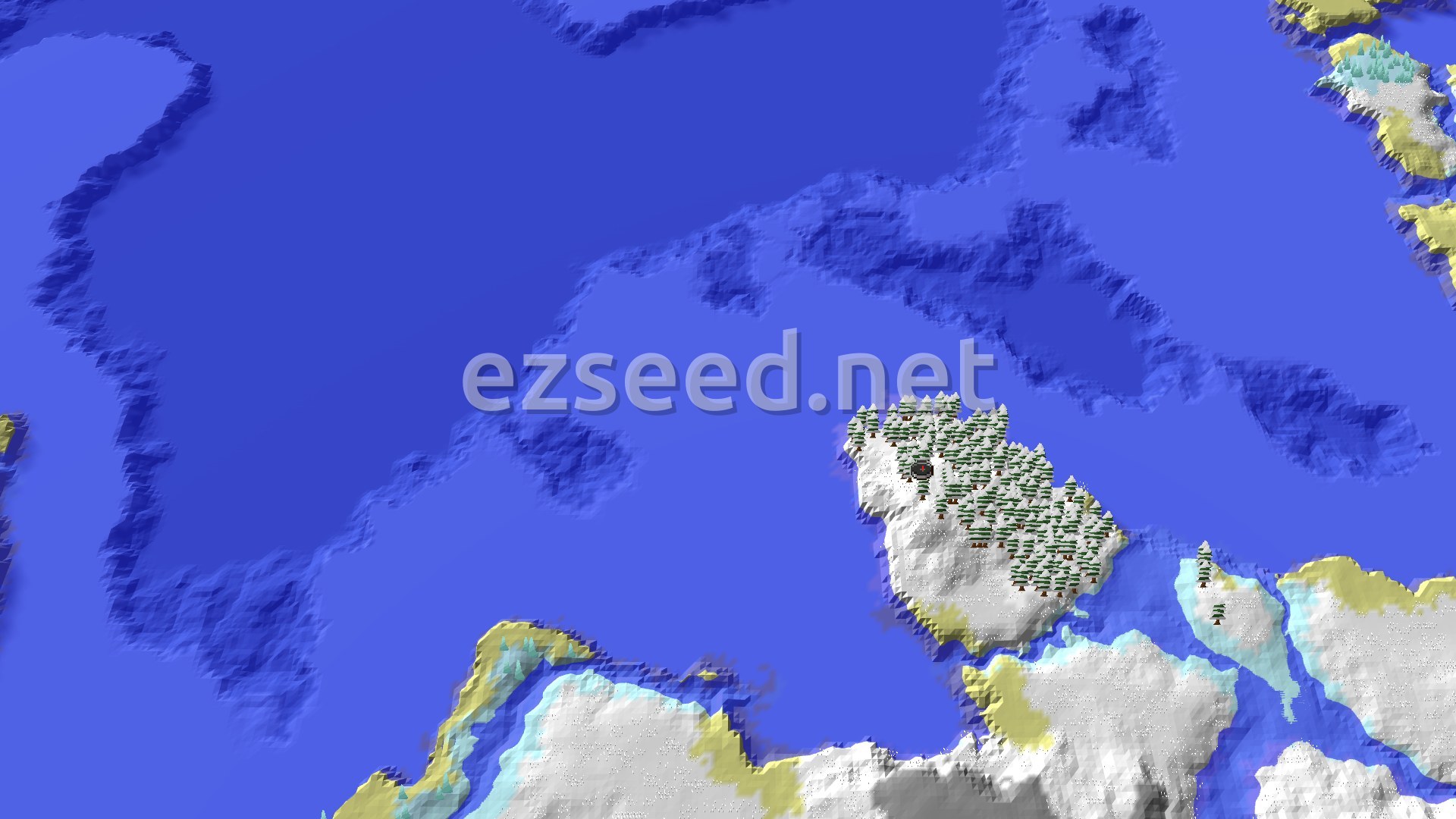 A 3D overhead view of a snow-covered island with scattered evergreen trees, surrounded by blue ocean. A small red marker indicates the spawn point on the island's snowy terrain.