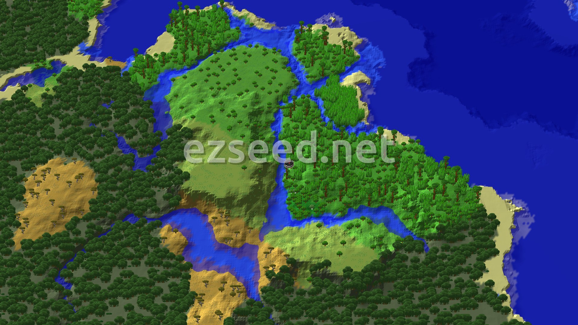 An aerial view of a vibrant green jungle biome, with a network of rivers and some sandy beaches leading to a deep blue ocean. A small spawn marker is visible at the center.