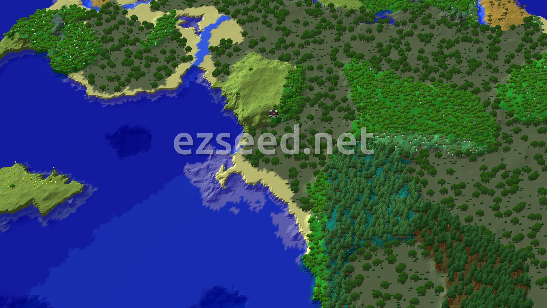 A low forest of dark oaks runs down to a sandy coast and open blue ocean, with bright green meadow and a stand of spruce to the east and a small island offshore.