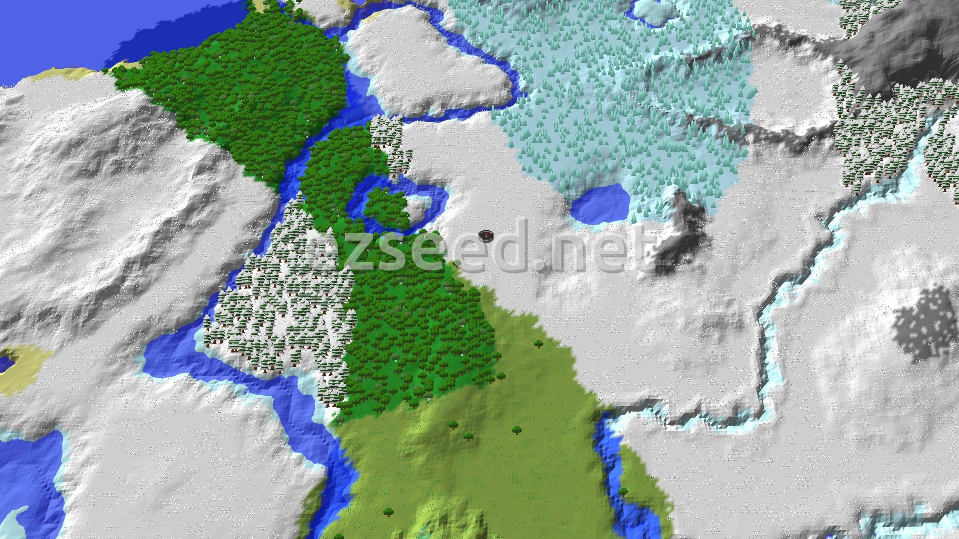 A 3D fly-over of a snow-covered plain with frozen rivers, a blue-tinged spruce forest to the north-east, green oak woods to the west and a grassy plains strip to the south.