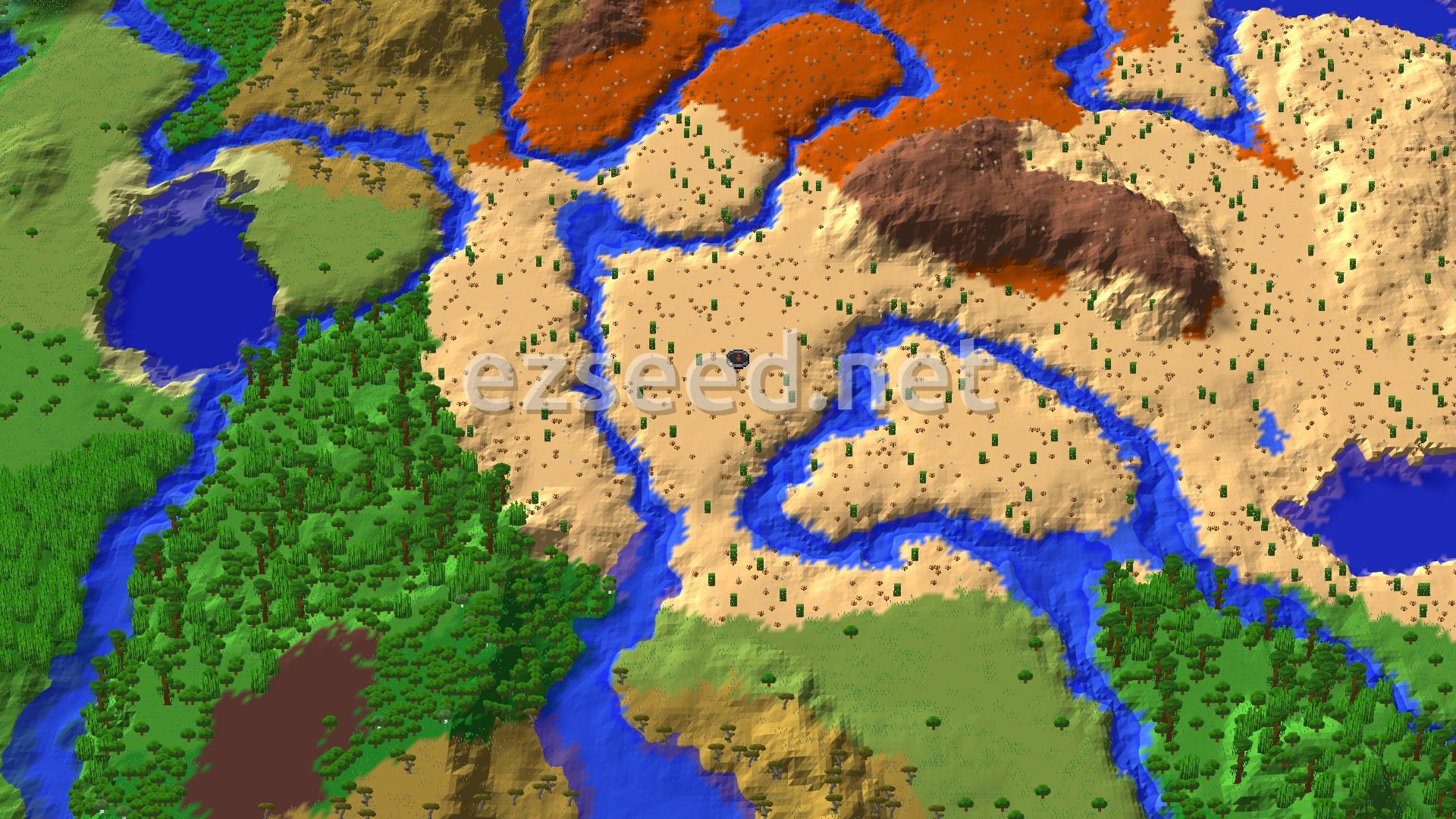 A sandy desert dotted with cacti and split by winding rivers, with orange badlands and a dark brown ridge to the north and jungle and savanna to the west and south.