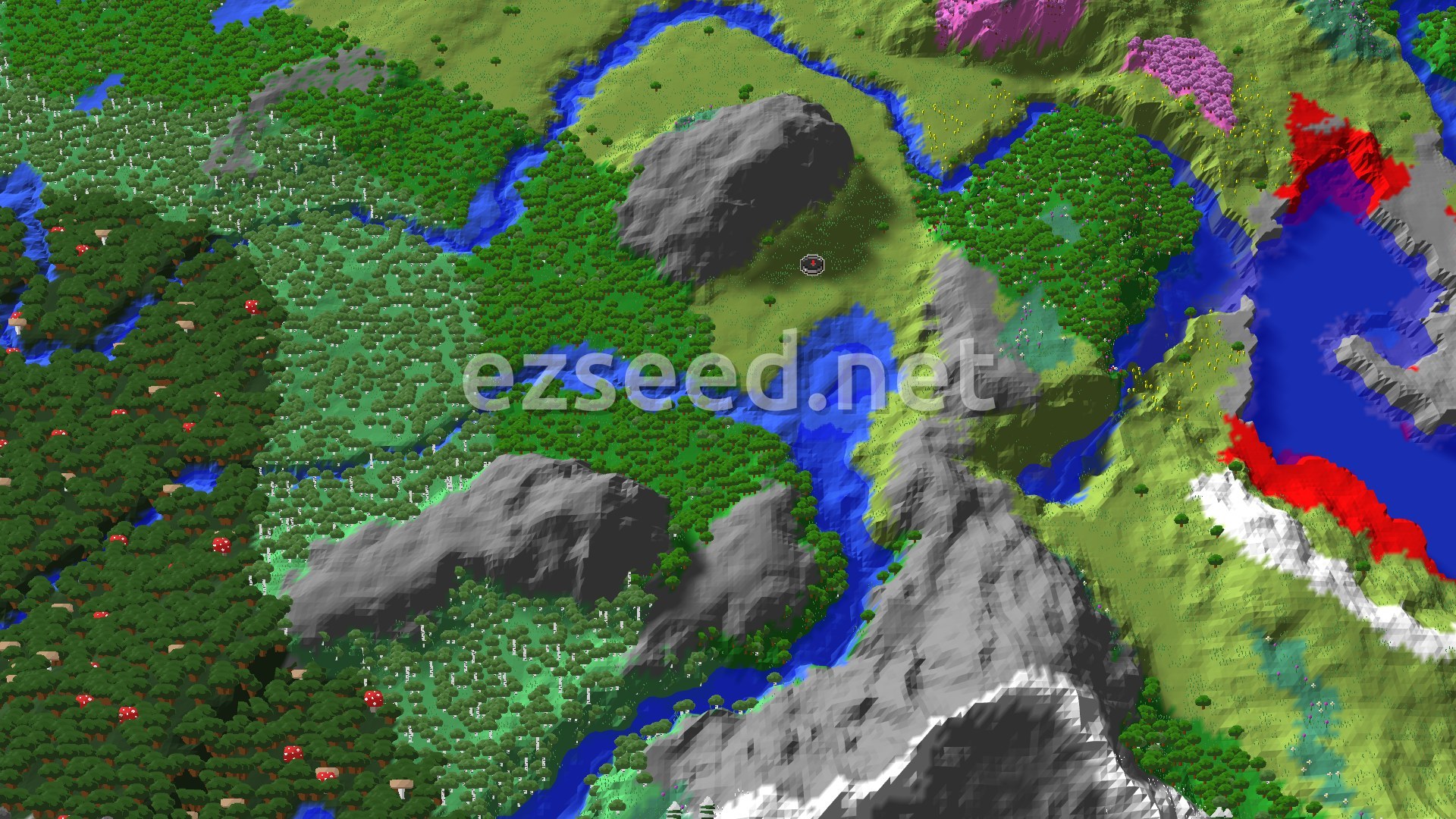 A grassy plains clearing sits in a basin cut by a winding river, with forests, grey rock outcrops and snow-capped slopes closing in on every side.