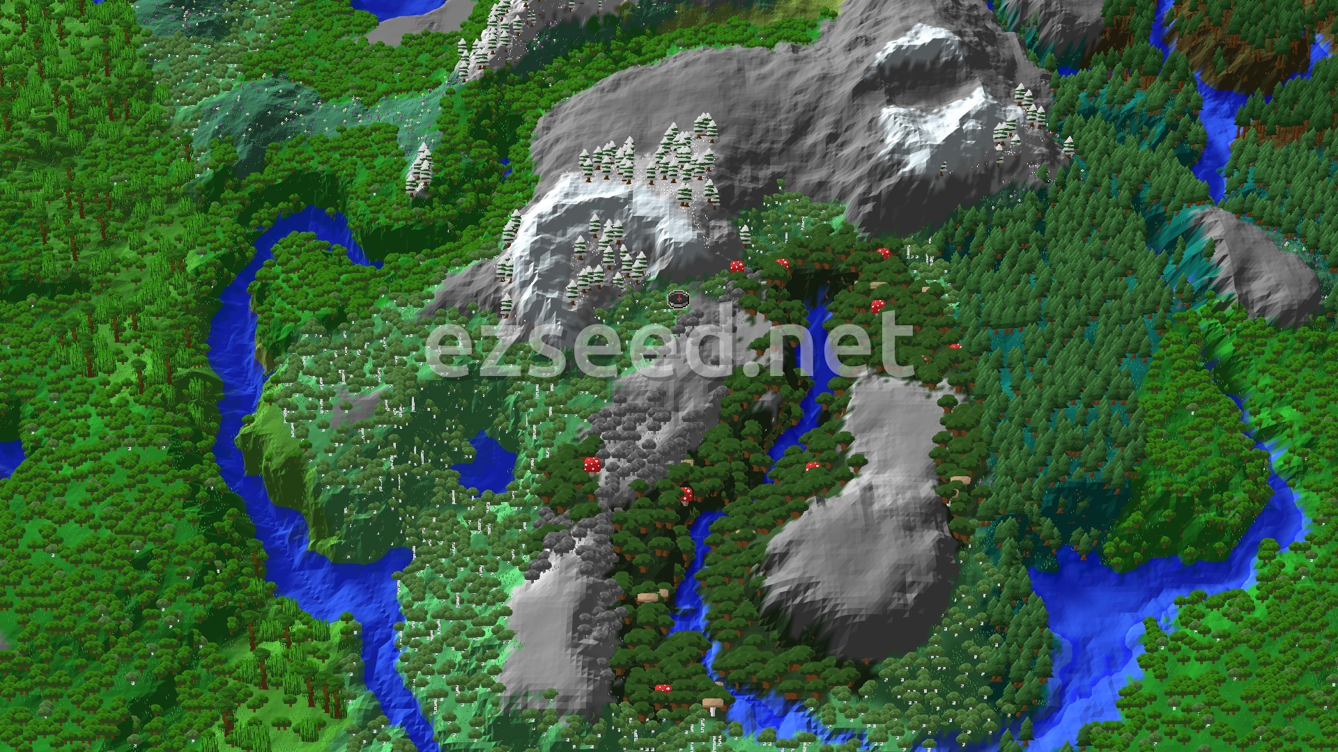 A fly-over of birch and dark oak forest on rolling hills, with bare grey rock and snow-dusted spruce on the ridges to the north, and winding rivers cutting through the green on both sides.