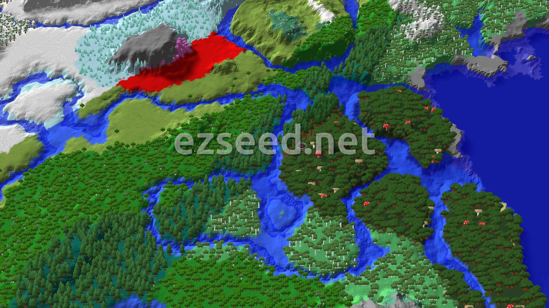 Dense dark oak forest dotted with giant mushrooms, split by blue rivers, with pine taiga, birch woods and snowy ground in the distance.
