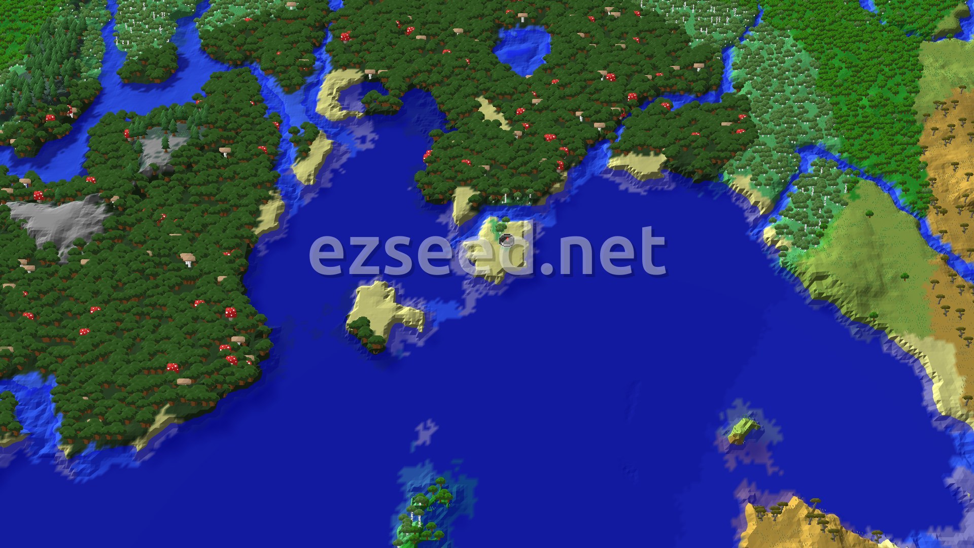 A small sandy island sits in a wide blue bay, ringed by dark forest dotted with red mushrooms, with birch woods and savanna toward the right edge.
